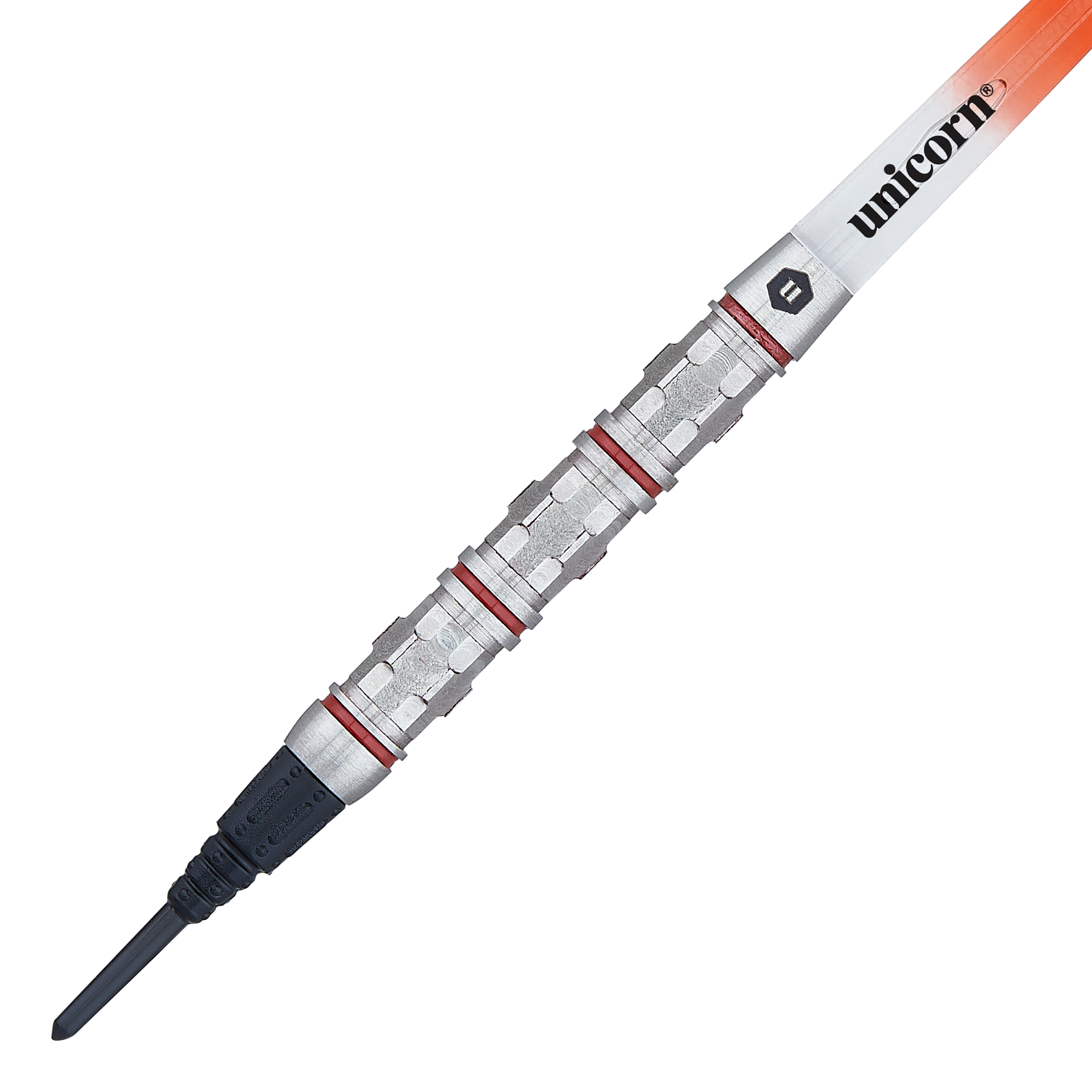 Das Bild zeigt einen Softdart der Marke Unicorn Ballista Style 4. Der Dart hat einen silbernen Barrel mit roten Ringen und einer schwarzen Spitze.
