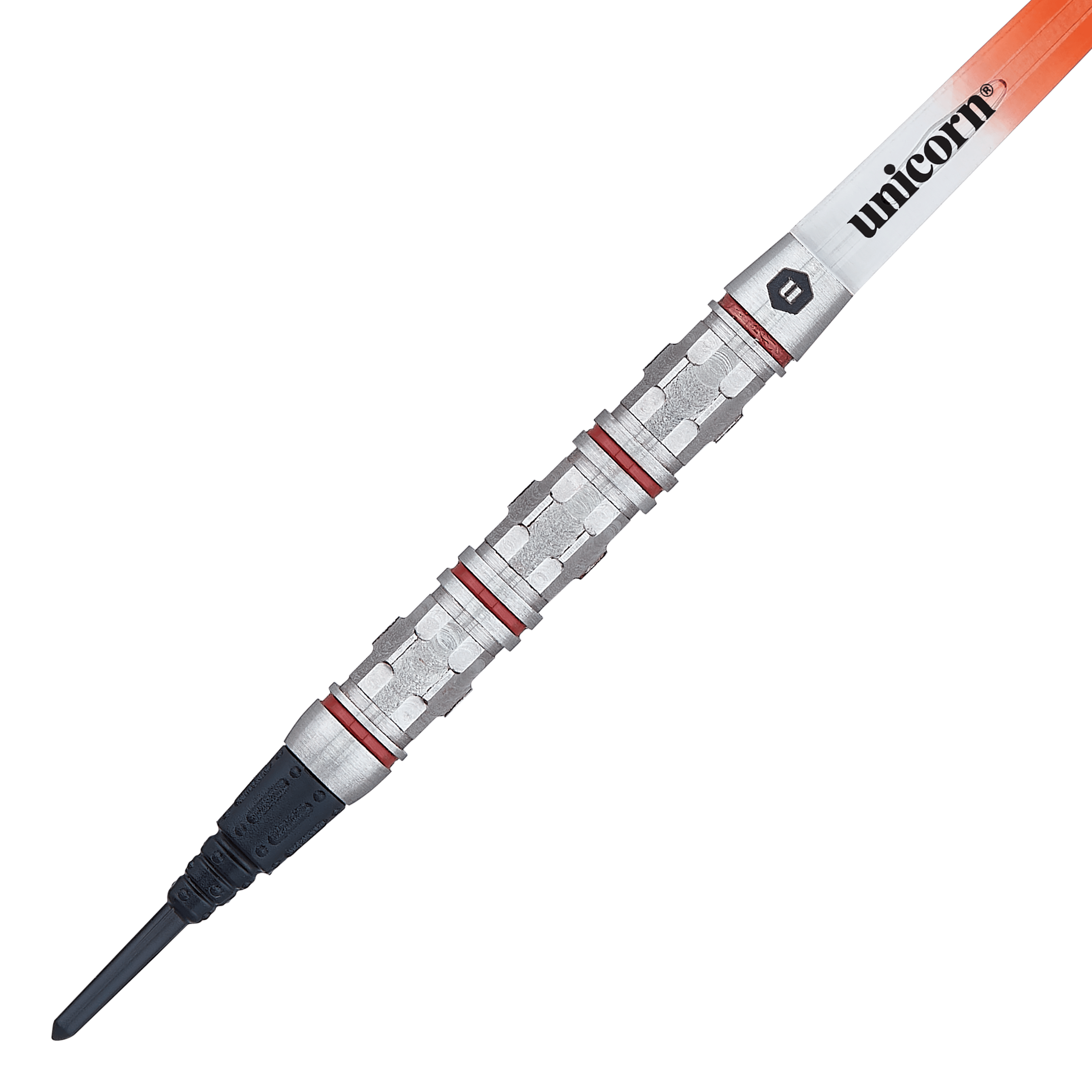 Unicorn Ballista Style 4 Softdarts Das Bild zeigt einen Softdart der Marke Unicorn Ballista Style 4. Der Dart hat einen silbernen Barrel mit roten Ringen und einer schwarzen Spitze.