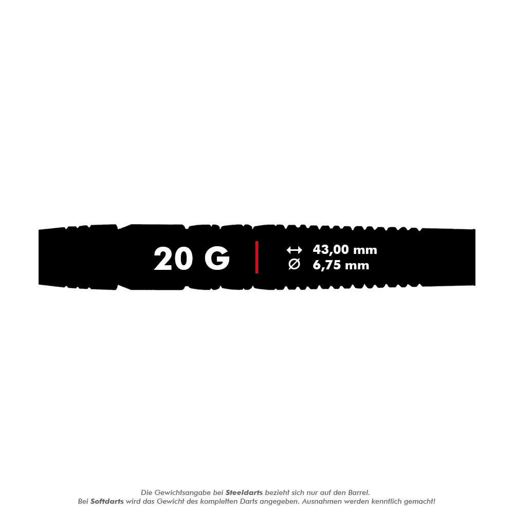 BU27718_BullsNL_Mario_Vandenbogaerde_90_Softdarts_5_20g Das Bild zeigt einen Softdart des Modells "Bulls NL Mario Vandenbogaerde 90% Softdarts" mit einem Gewicht von 20 Gramm. Die Maße sind 43,00 mm Länge und 6,75 mm Durchmesser.