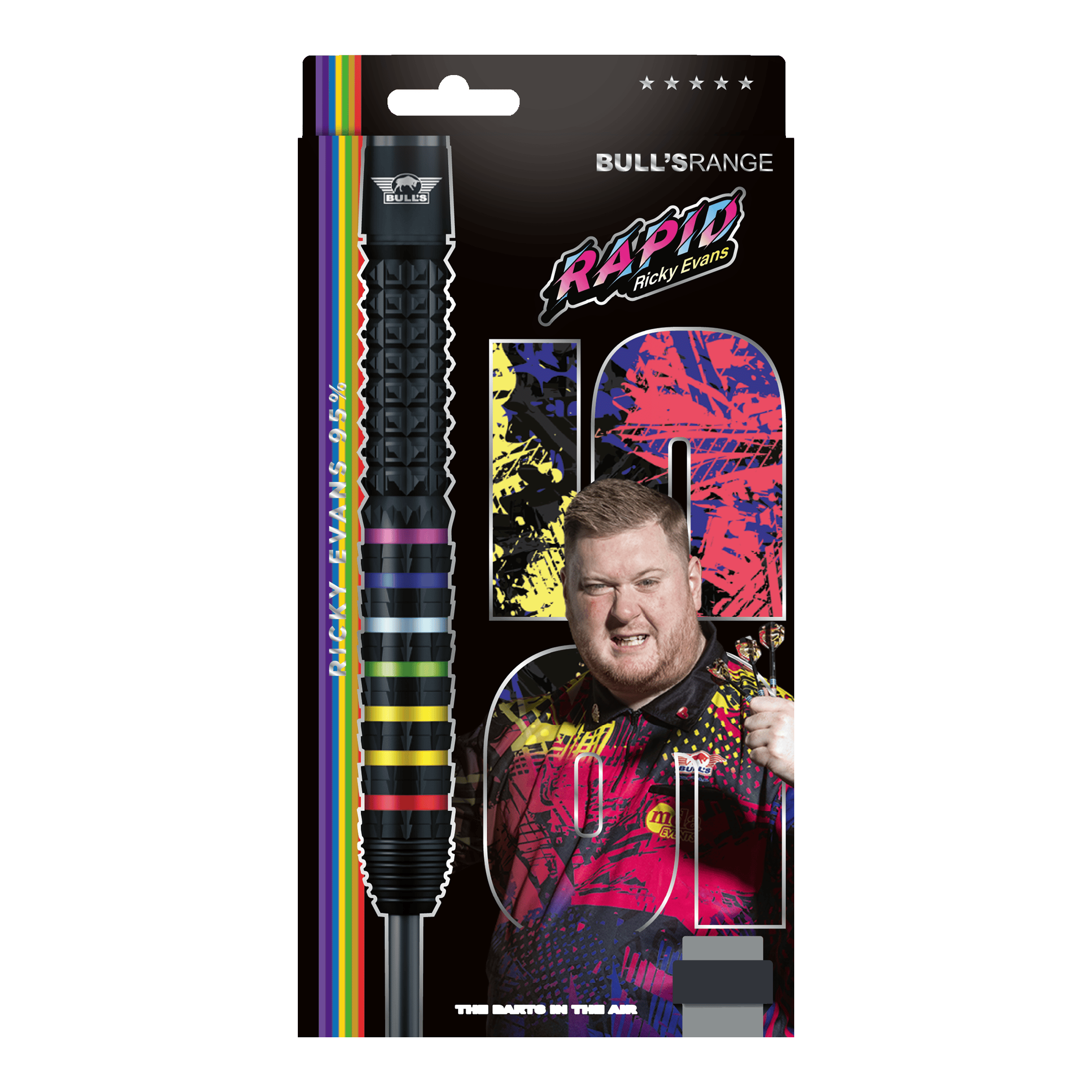 Bulls NL Ricky Evans Rapid 95 Steeldarts Das Foto zeigt die Bulls NL Ricky Evans Rapid 95 Steeldarts in der 23g-Ausführung. Die Darts werden aus einer anderen Perspektive dargestellt.