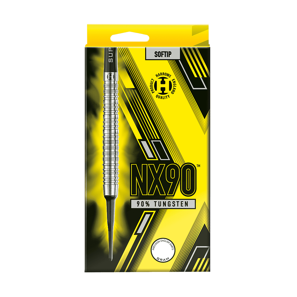 HA33768_Harrows_NX90_Softdarts_3 Die Abbildung zeigt die Softdarts "Harrows NX90" in einer gelb-schwarzen Verpackung. Auf der Vorderseite steht, dass die Darts aus 90 % Tungsten bestehen.