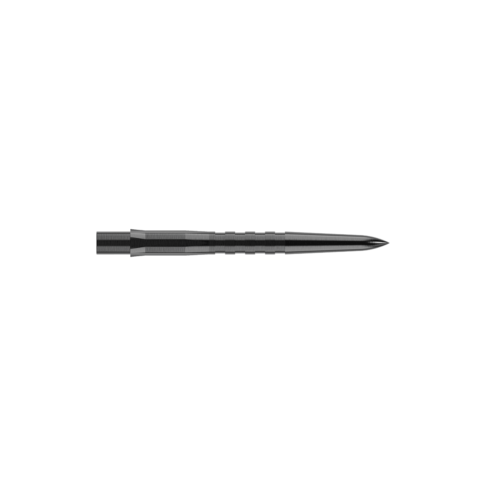 Mission Caliburn EVO Dartspitzen - Grooved - Schwarz Das Bild zeigt eine schwarze, gerillte Steeldartspitze. Sie ist schmal, lang und hat eine spitze Vorderseite.