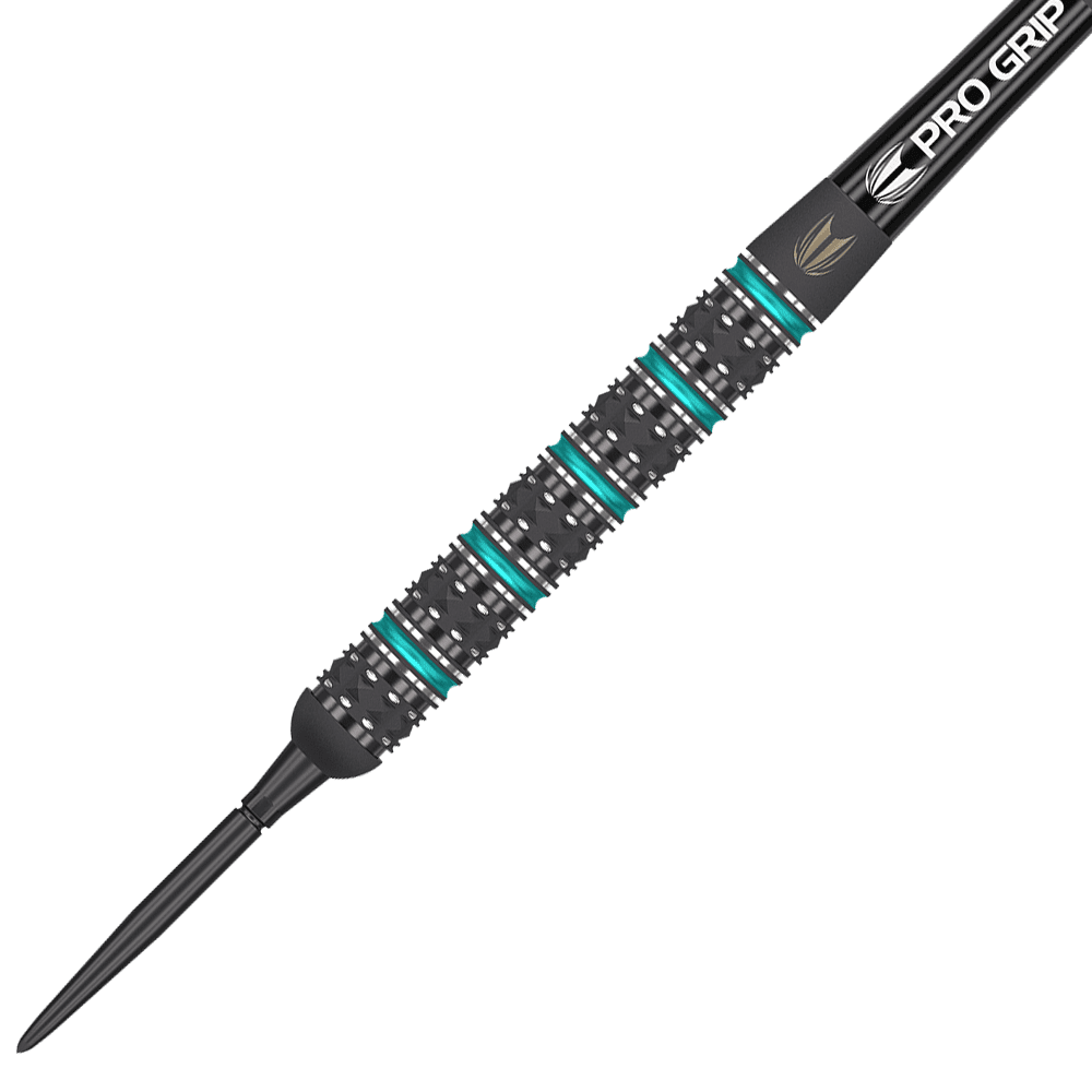 Das Bild zeigt einen schwarzen Steeldart mit silbernen und türkisfarbenen Ringen am Griff. Auf dem Schaft steht "PRO GRIP" geschrieben.
