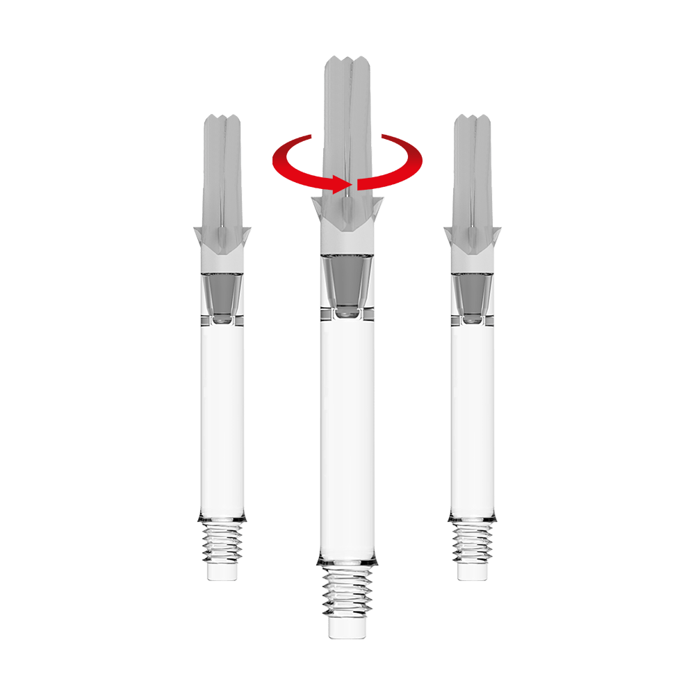 Das Bild zeigt drei durchsichtige L-Style L-Shafts Silent Straight für Dartpfeile. In der Mitte ist ein roter Pfeil, der eine Drehbewegung des oberen Teils anzeigt.