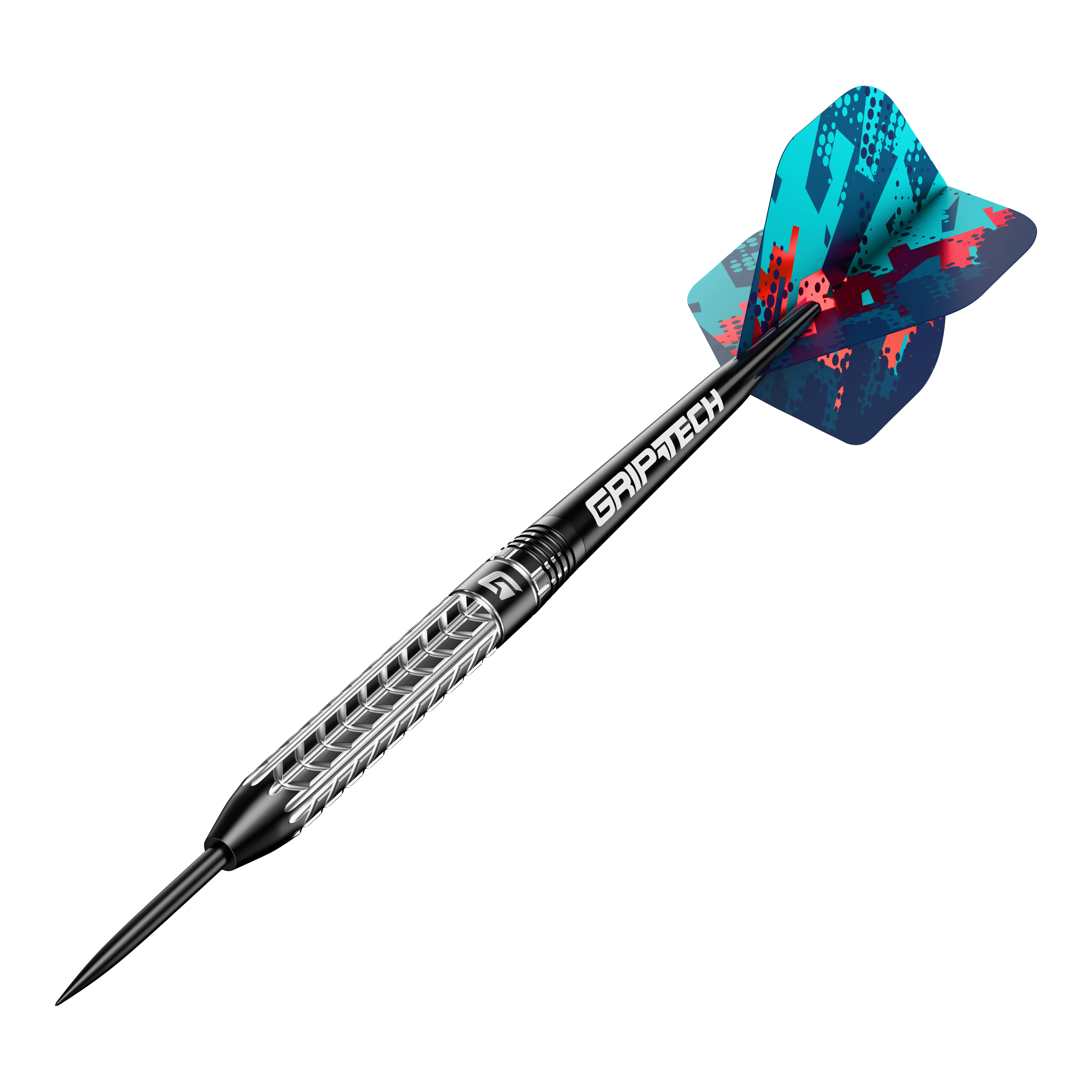 GOAT Traction Tungsten Steeldarts Das Bild zeigt einen GOAT Traction Tungsten Steeldart mit einer strukturierten Griffoberfläche und einer farbenfrohen Flight. Der Schaft trägt die Aufschrift "GRIPTECH" und die Spitze ist aus Stahl.