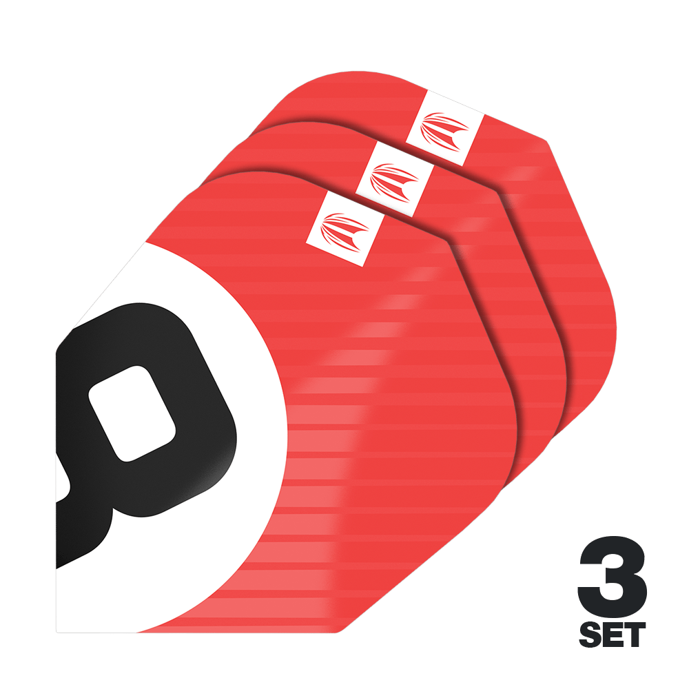 Das Bild zeigt drei Sätze der Target Pro Ultra Chicane Red No6 Flights. Die Flights sind überwiegend rot mit einem schwarzen und weißen Design sowie einem kleinen Logo in der Ecke.