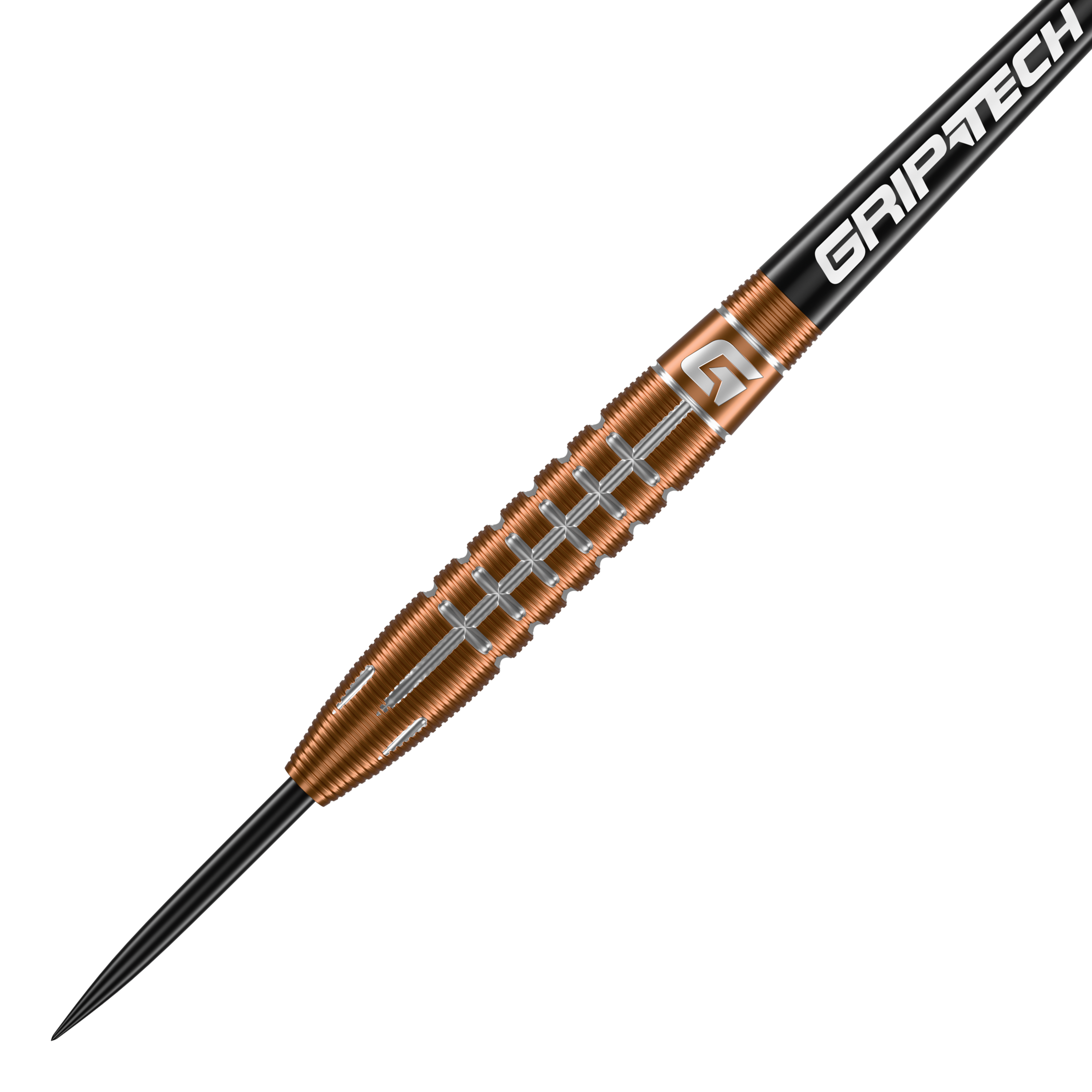 GOAT Quarterback V2 Tungsten Steeldarts - 24g Der GOAT Quarterback V2 Tungsten Steeldart wiegt 24 Gramm und hat ein auffälliges, gerilltes Design. Auf dem Schaft steht das Wort "GRIPTECH" geschrieben.