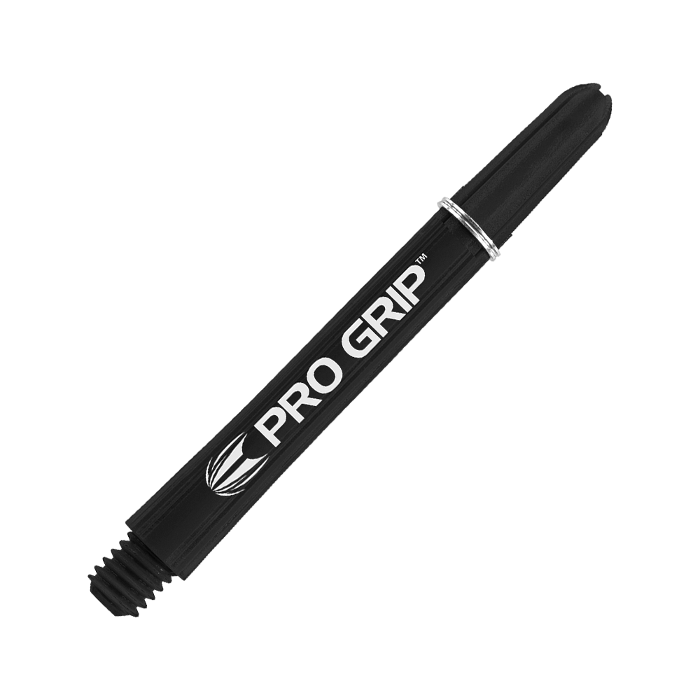 Dies ist ein schwarzer Target Pro Grip Shaft für Darts. Auf dem Schaft steht in weißer Schrift "PRO GRIP".