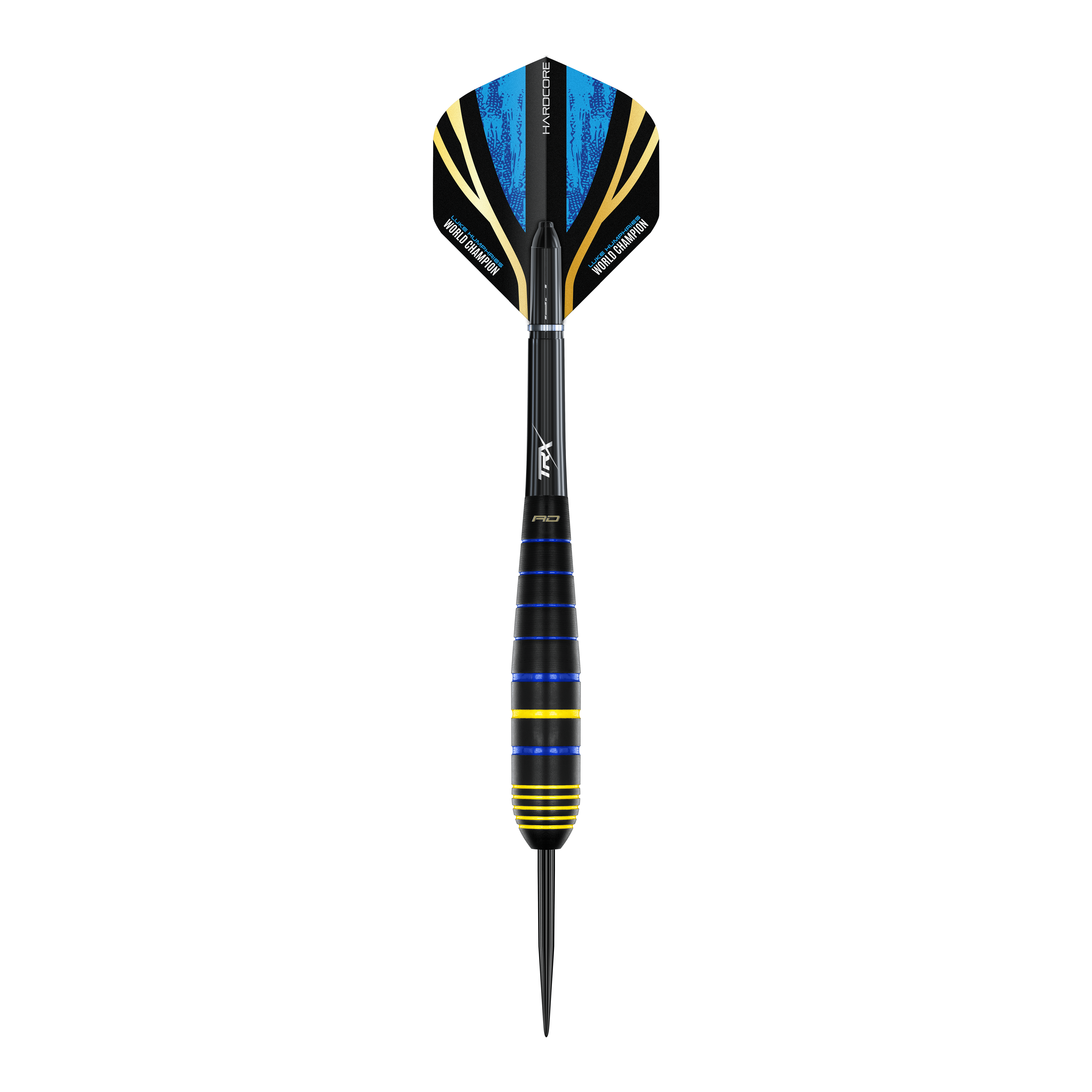 Das Bild zeigt einen Red Dragon Luke Humphries World Champion Brass Steeldart. Der Dart hat blaue, gelbe und schwarze Farbakzente und eine spitze Metallspitze.