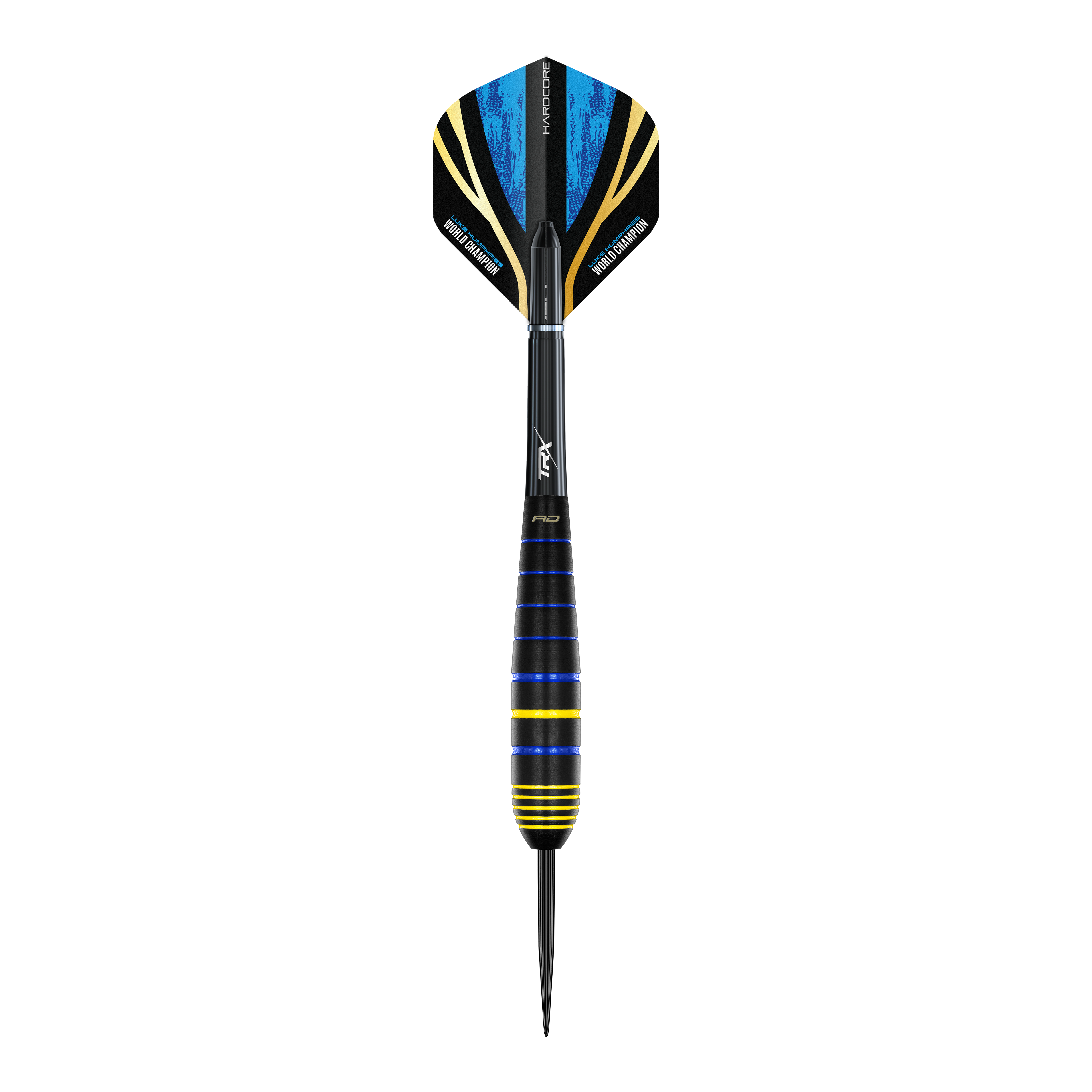 Red Dragon Luke Humphries World Champion Brass Steeldarts Das Bild zeigt einen Red Dragon Luke Humphries World Champion Brass Steeldart. Der Dart hat blaue, gelbe und schwarze Farbakzente und eine spitze Metallspitze.