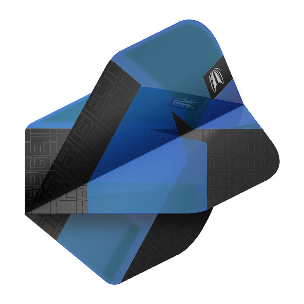 Das Bild zeigt die "Target Pro Ultra TAG Blau No2 Standard Flights" in einem modernen blauen und schwarzen Design. Es handelt sich um drei Sets hochwertiger Dart-Flights.