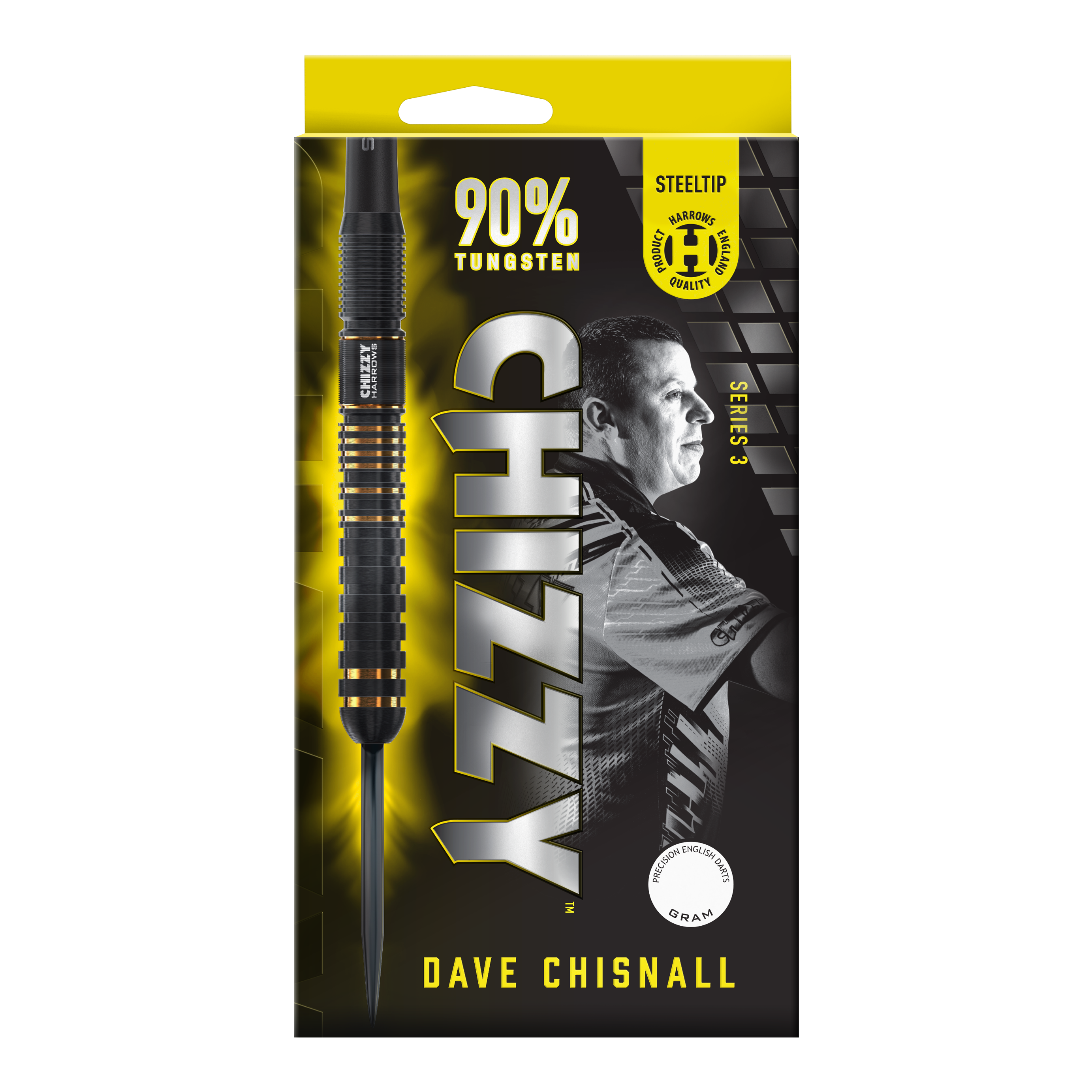 Harrows Dave Chisnall Chizzy Series 3 Steeldarts Das Bild zeigt eine Verpackung der "Harrows Dave Chisnall Chizzy Series 3 Steeldarts". Auf der Verpackung steht, dass die Darts aus 90% Tungsten bestehen und für professionelle Qualität stehen.