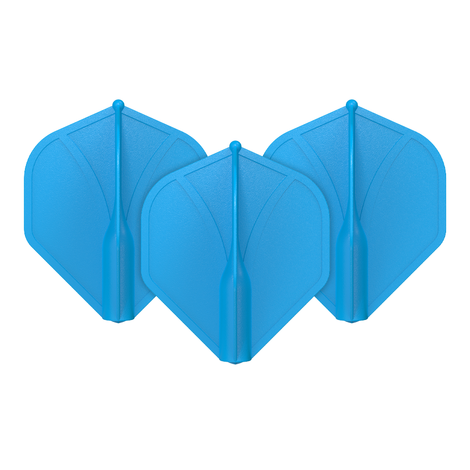 Auf dem Bild sind drei blaue Dart-Flights zu sehen. Sie haben eine geformte, stabile Struktur und sind nebeneinander angeordnet.