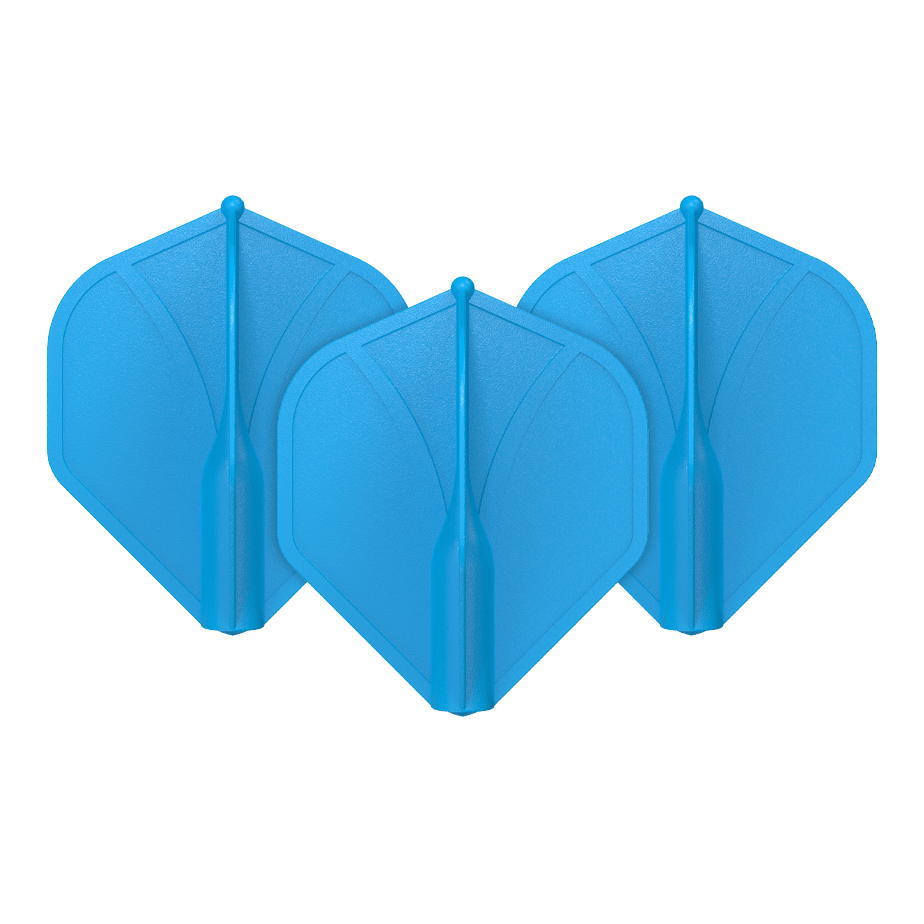 Shot Airfoil Moulded No2 Standard Flights Auf dem Bild sind drei blaue Dart-Flights zu sehen. Sie haben eine geformte, stabile Struktur und sind nebeneinander angeordnet.