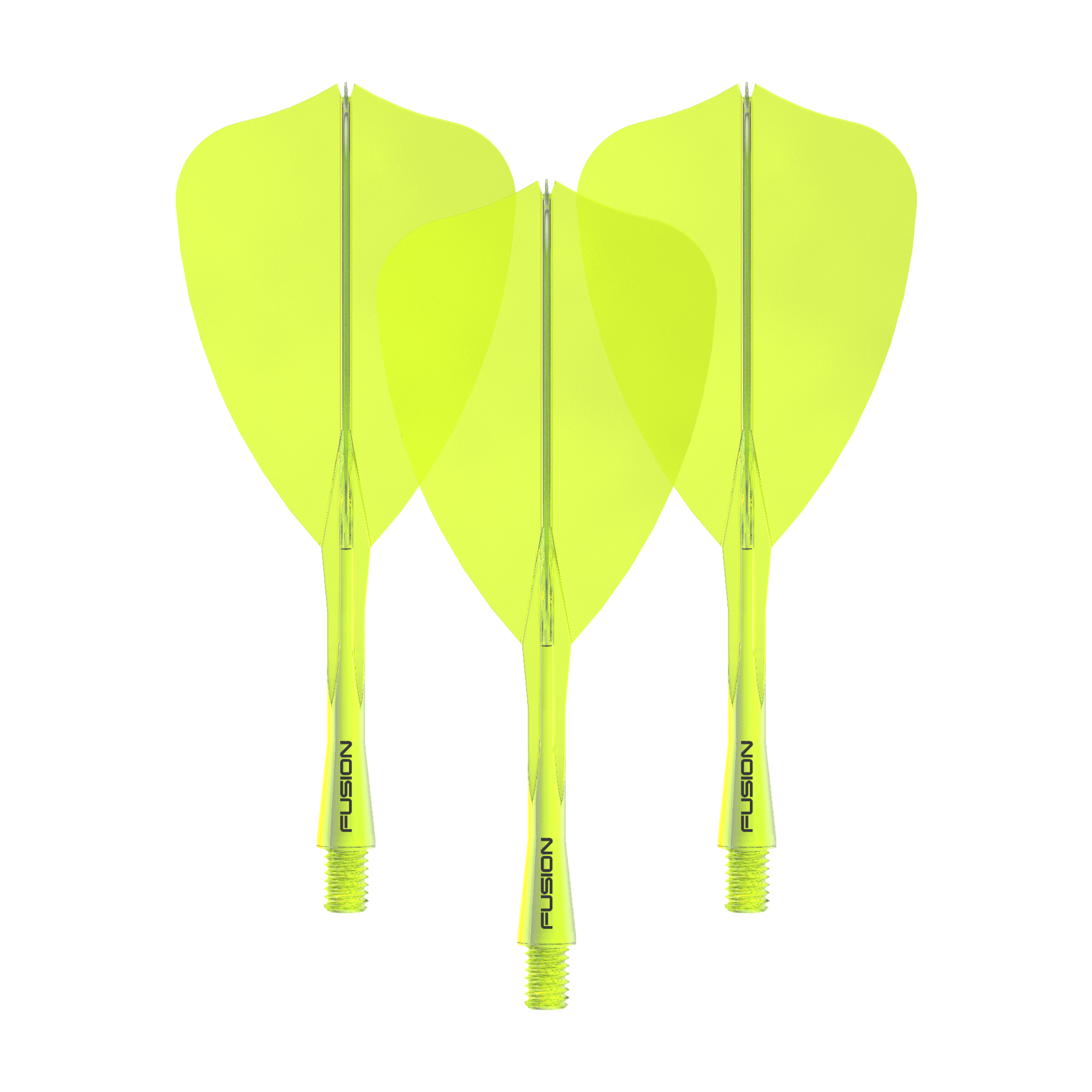 Dieses Bild zeigt das Winmau Fusion Flight Shaft System Arrow Set in Neongelb mit einer Länge von 28 mm. Zu sehen ist vermutlich ein komplettes Dartset.