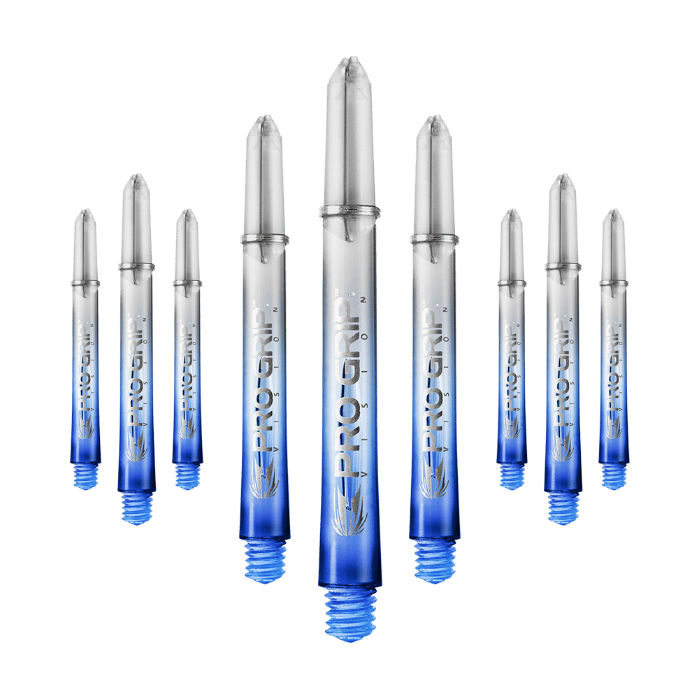 Target Pro Grip Vision Shafts - 3 Sets - Blau Das Bild zeigt neun transparente Dartschäfte mit blauem unteren Ende. Auf den Schäften steht "Pro Grip" geschrieben.
