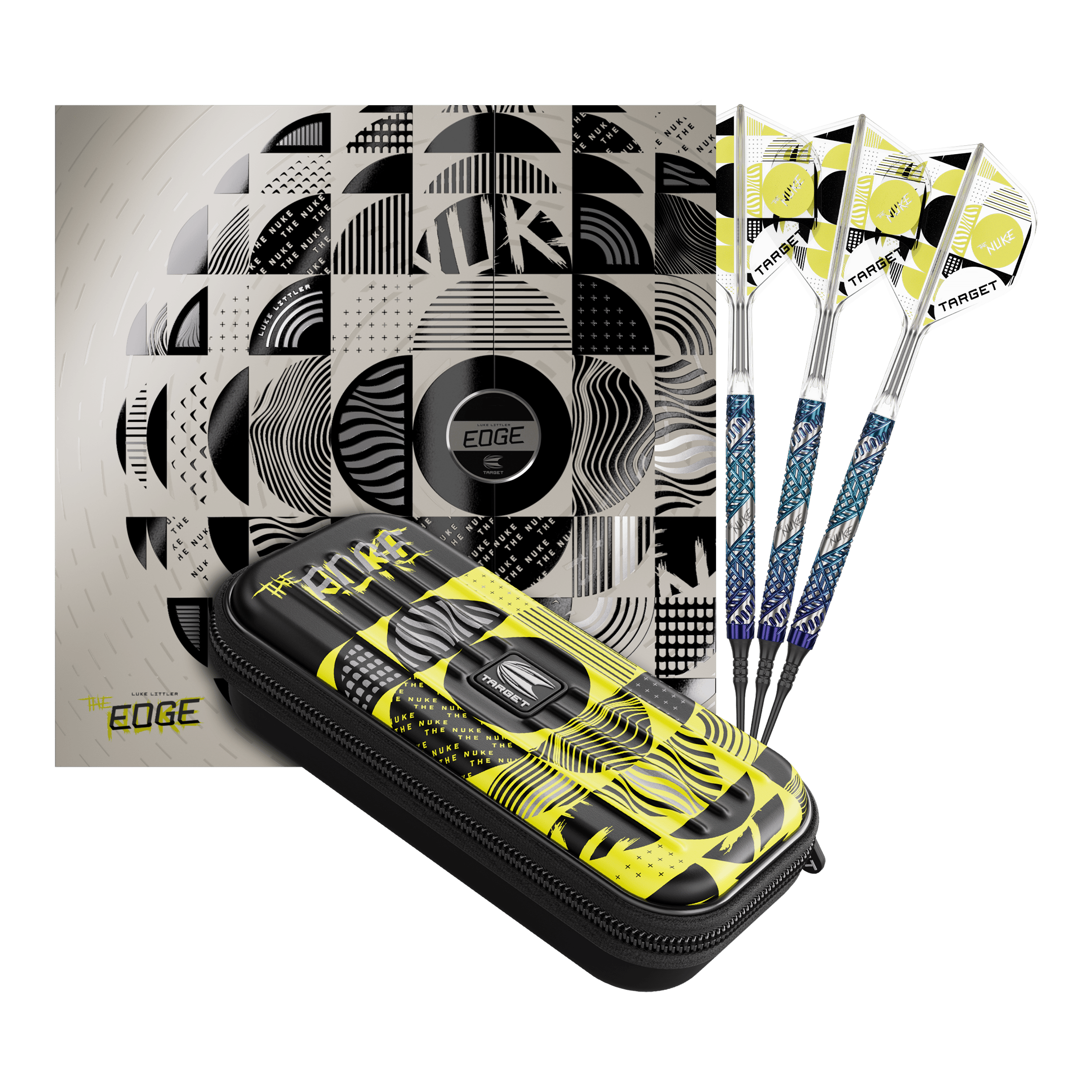 Auf dem Bild befindet sich das Set der Target Luke Littler Edge Softdarts - 19g. Die Darts sind komplett und gut sichtbar angeordnet.