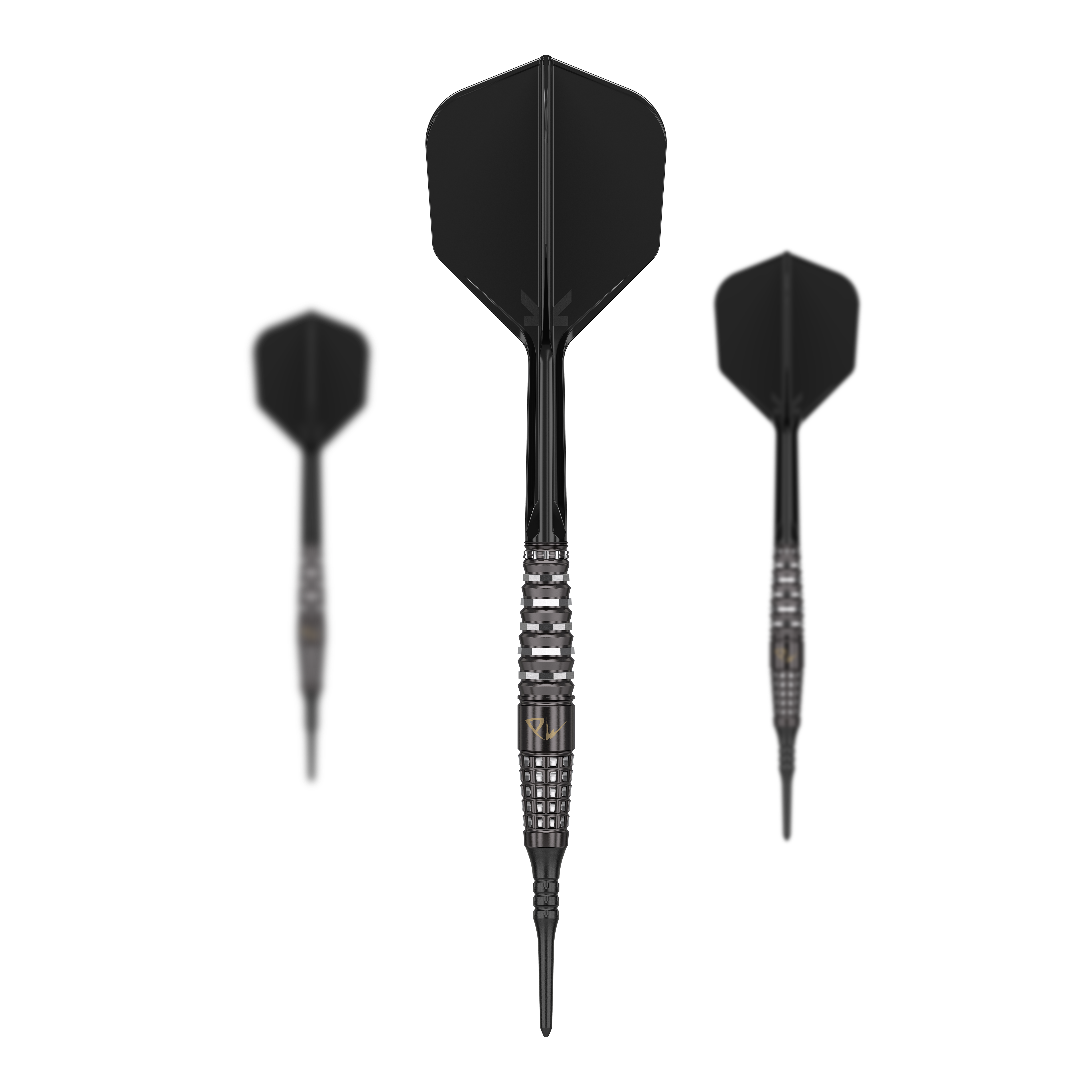 Das Bild zeigt drei schwarze Softdarts mit dem Namen "Target Japan Black Marque PW Softdarts - 18g". Die Darts haben ein modernes, glänzendes Design mit strukturierten Griffzonen am Barrel.