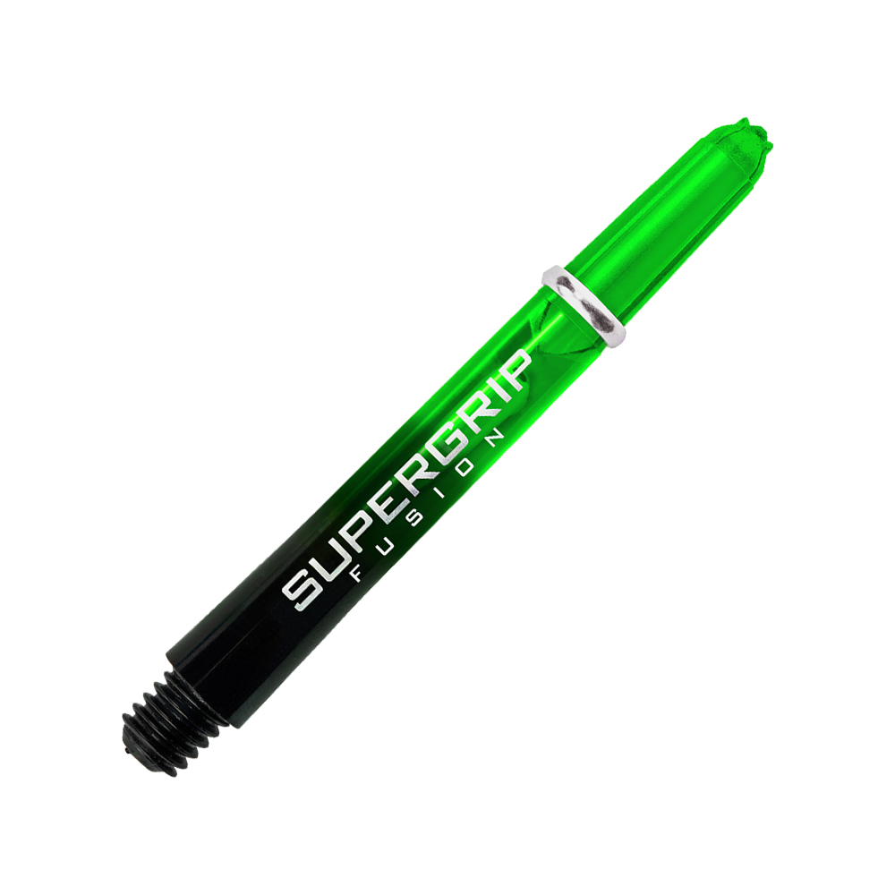 Das Bild zeigt einen grünen Harrows Supergrip Fusion Dart-Schaft. Im Hintergrund verlaufen grüne und graue Linien.