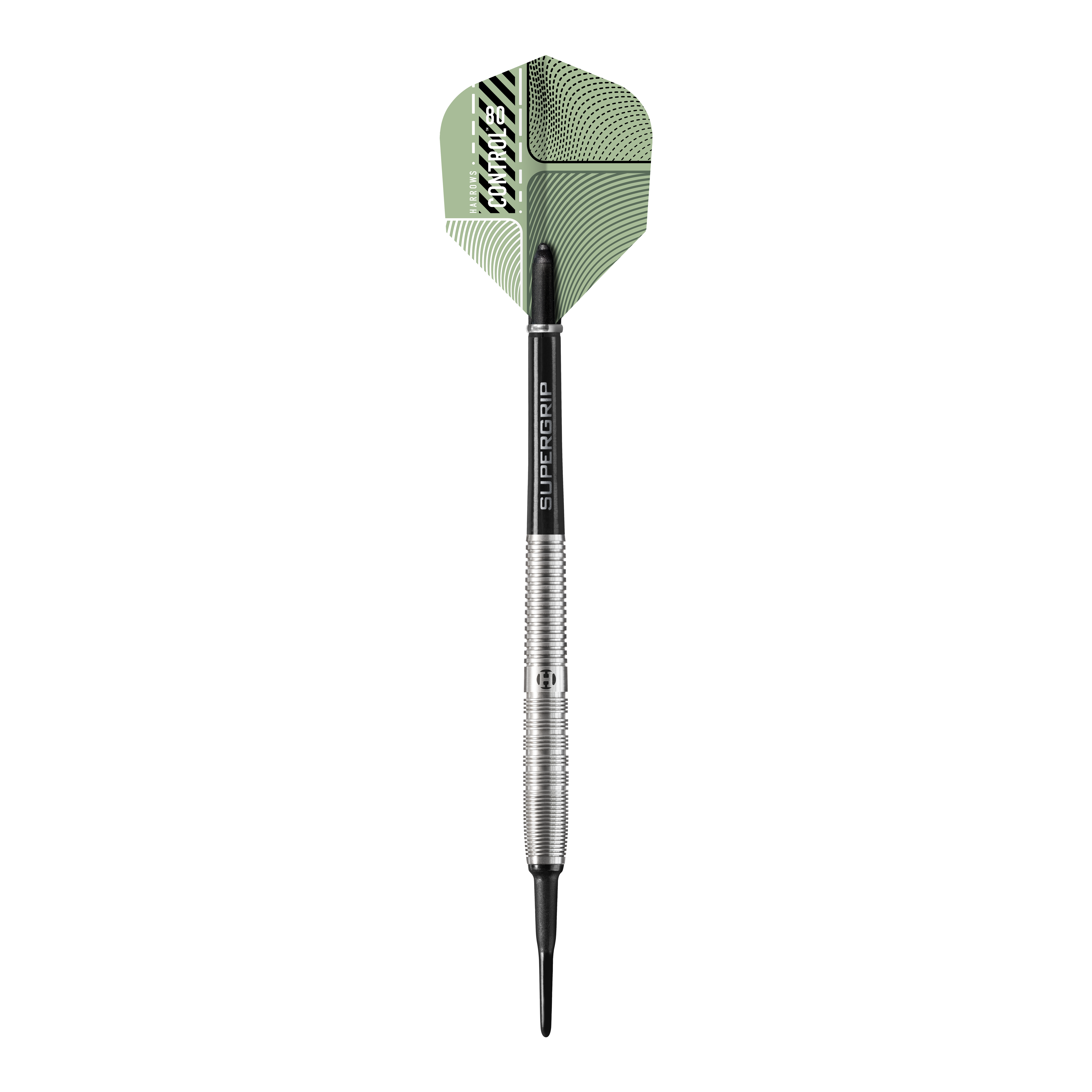 Das Bild zeigt einen Harrows Control Tapered Softdart mit silbernem Barrel und grünem Flight. Der Dart hat eine schwarze Spitze und einen "Supergrip"-Schaft.