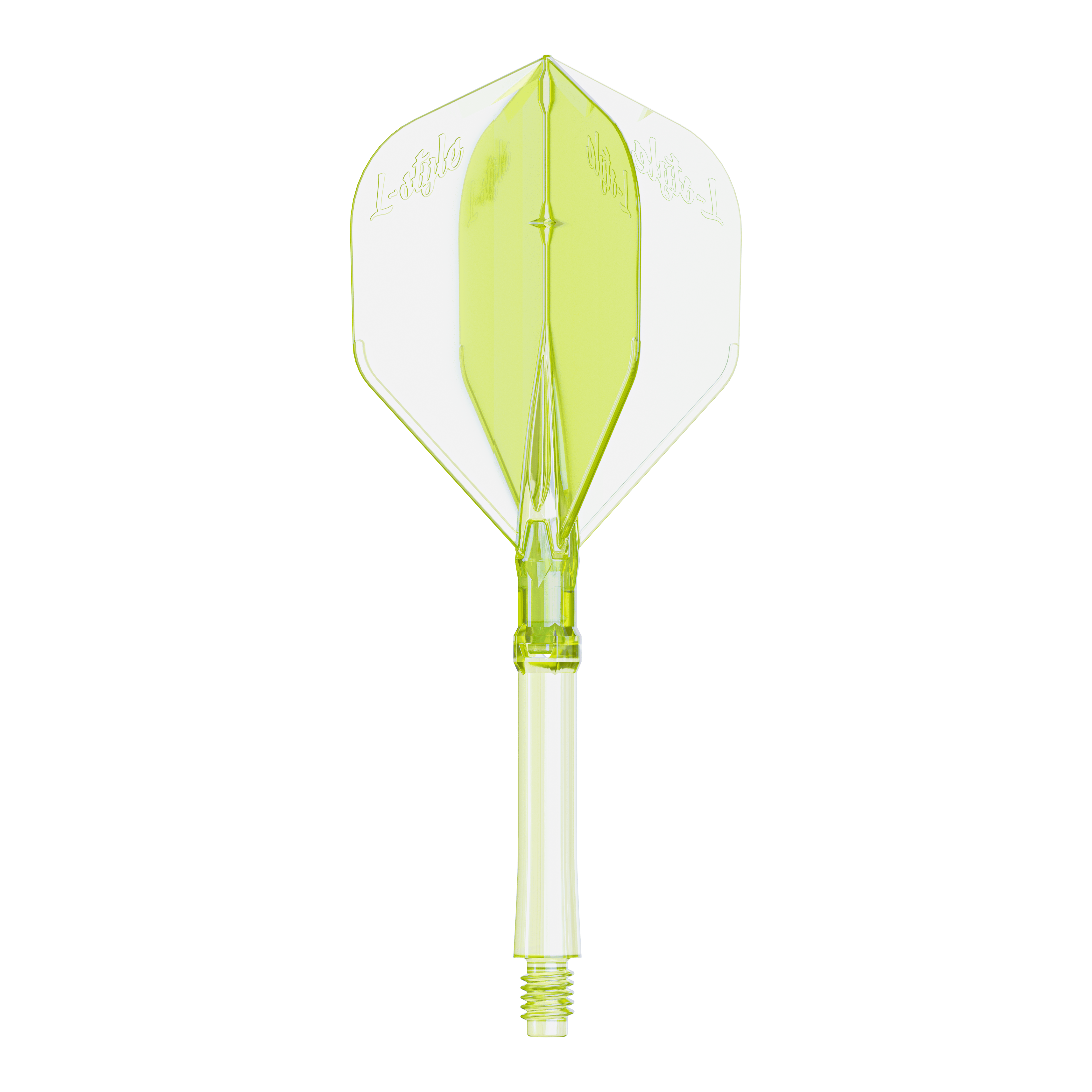 Abgebildet ist ein Dartflight in Neon-Gelb, große Größe, für das L-Style L-System. Das Produkt ist speziell für Dartspieler entwickelt.