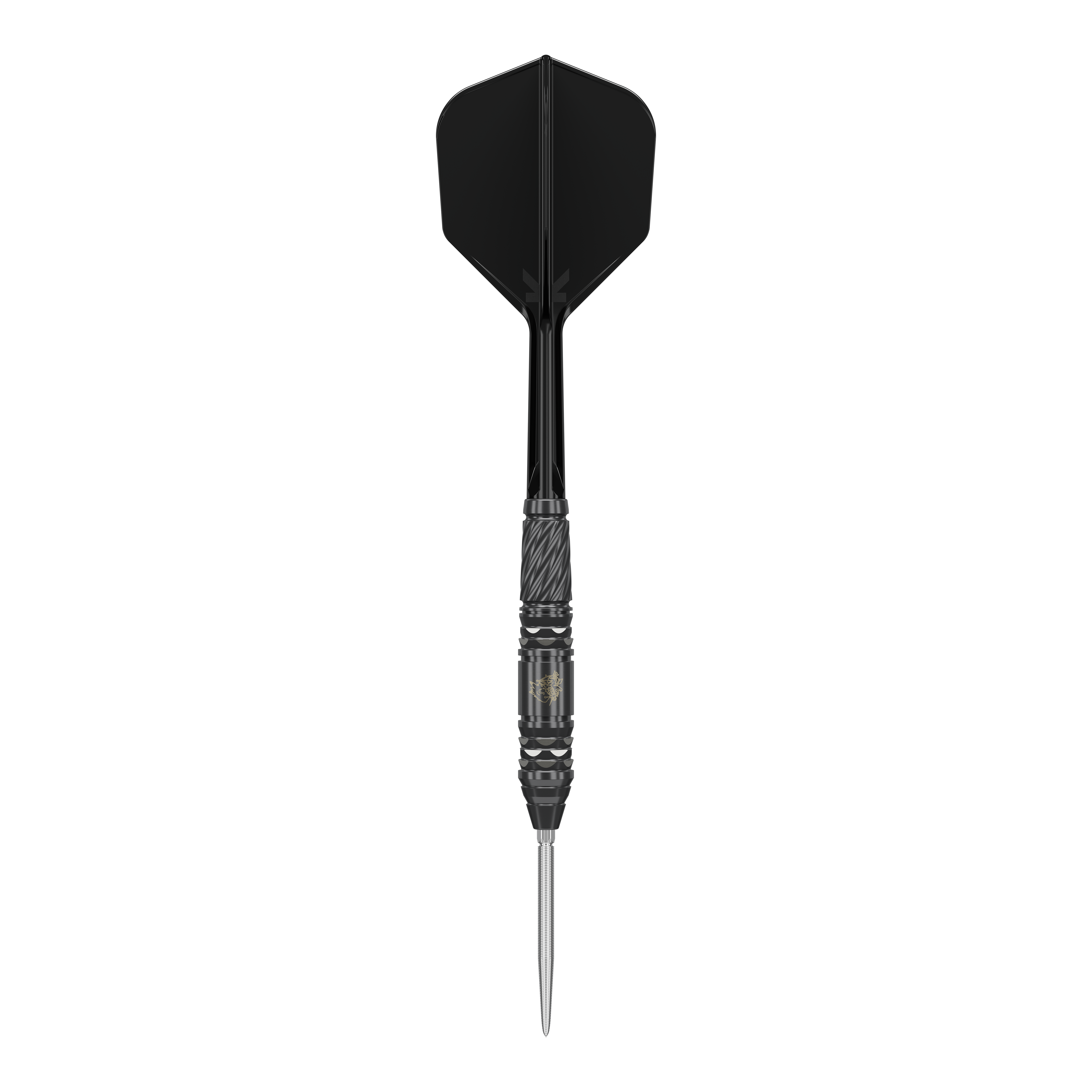 Das Bild zeigt einen Target Japan Black Marque Dragon GEN2 Swiss Point Steeldart. Der Dartpfeil hat ein elegantes, schwarzes Design mit einer strukturierten Griffzone und einer scharfen Spitze.
