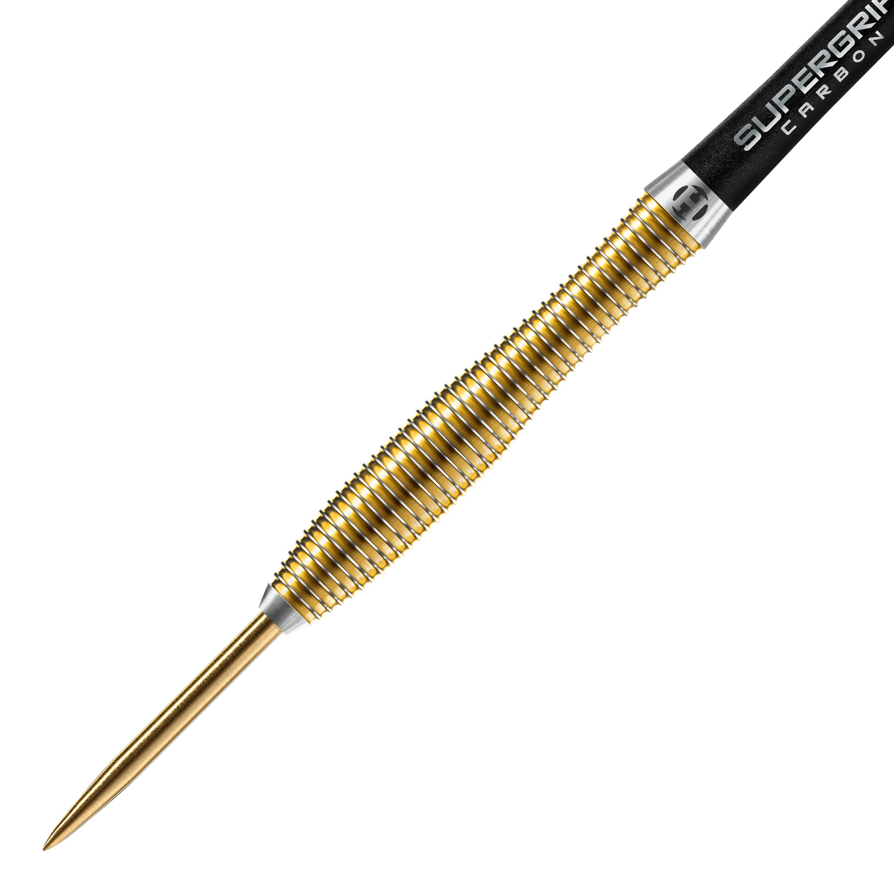 Harrows Anniversary Edition V-Wing Steeldarts Dies ist ein goldfarbener Steeldart mit gerilltem Griff. Am hinteren Ende steht "SUPERGRIP CARBON" auf dem Schaft.