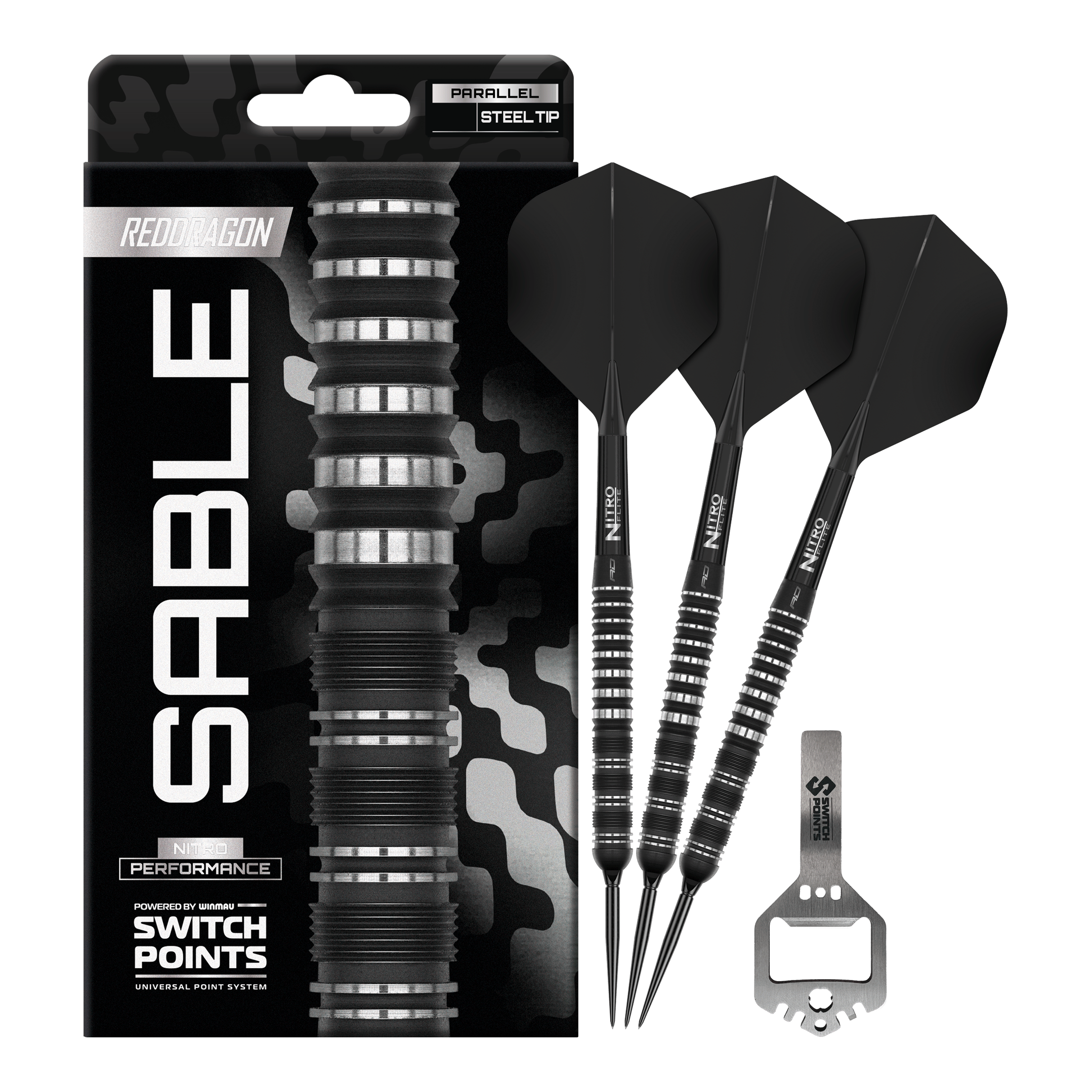 Red Dragon Sable Parallel Switch Point Steeldarts Zu sehen ist das komplette Set der Red Dragon Sable Parallel Switch Point Steeldarts. Drei Darts und Zubehör liegen nebeneinander.