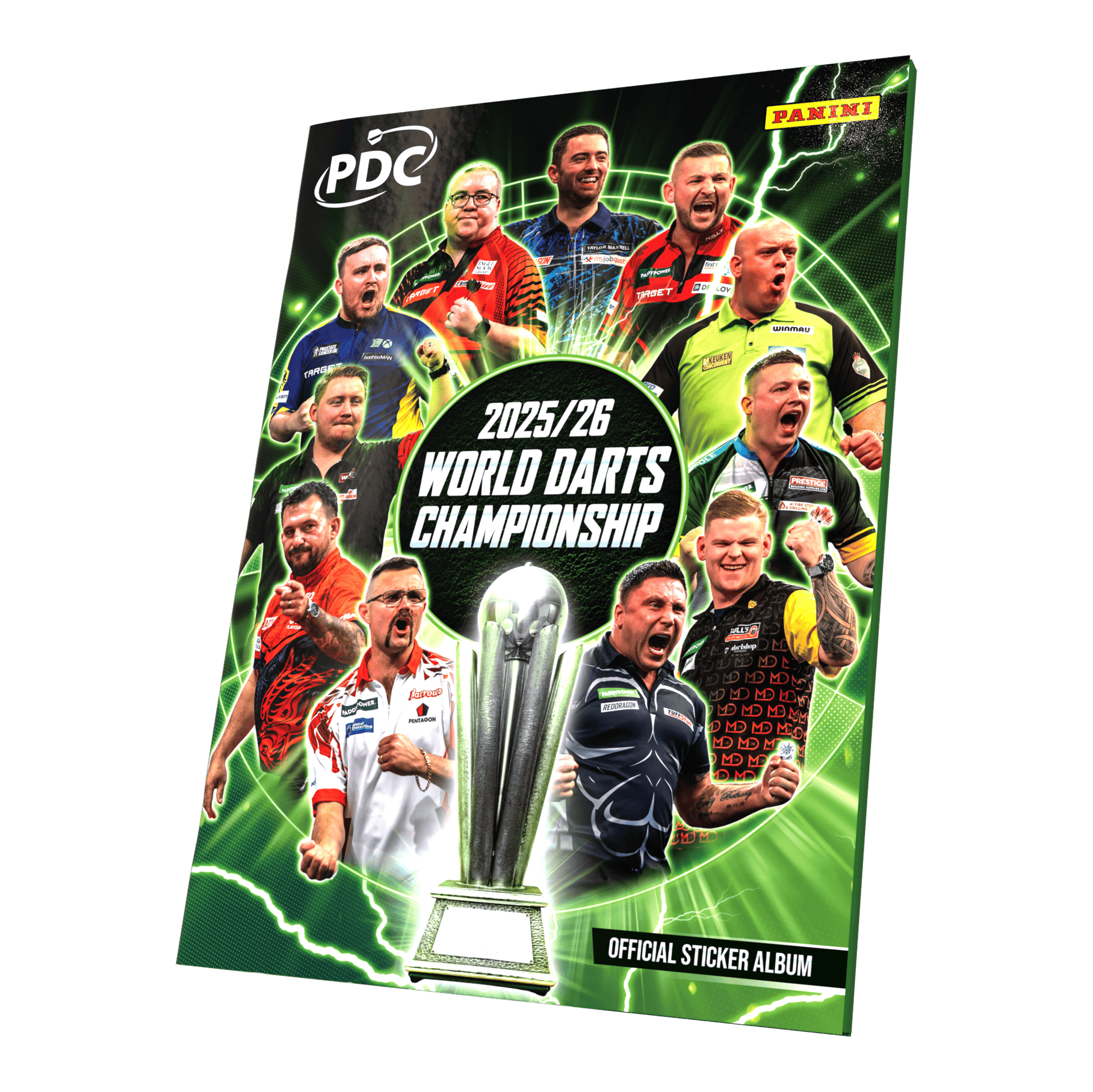 Panini PDC World Darts Championship 2025/26 - Offizielles Sticker-Sammelalbum als Softcover zu sehen. Das Sammelalbum ist für die Kollektion von Panini-Stickern rund um die Weltmeisterschaft gedacht.