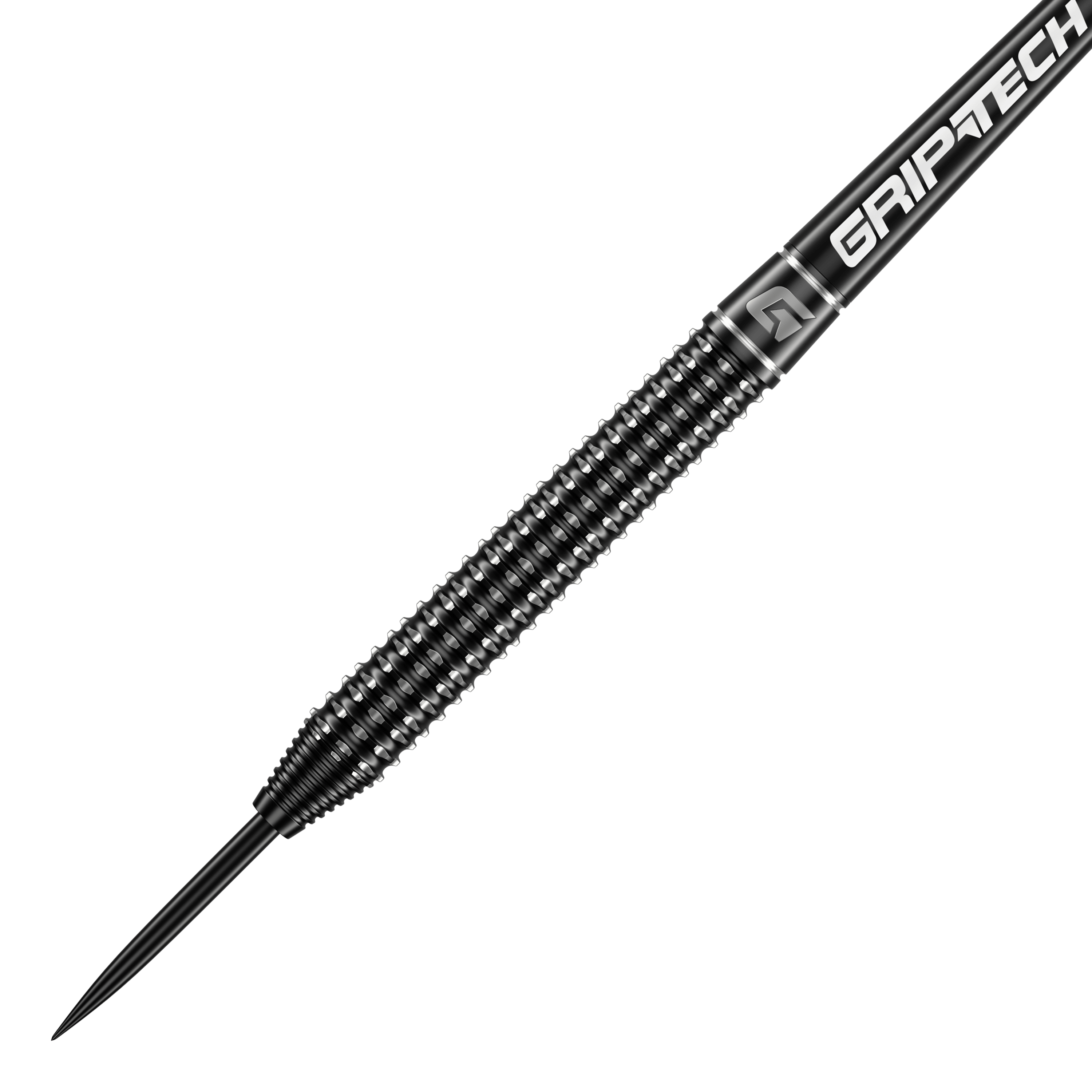 GOAT Sprocket Tungsten Steeldarts Das Bild zeigt einen GOAT Sprocket Tungsten Steeldart mit einem schwarzen, strukturierten Griff. Auf dem Schaft steht in weißer Schrift das Wort "GRIPTECH".
