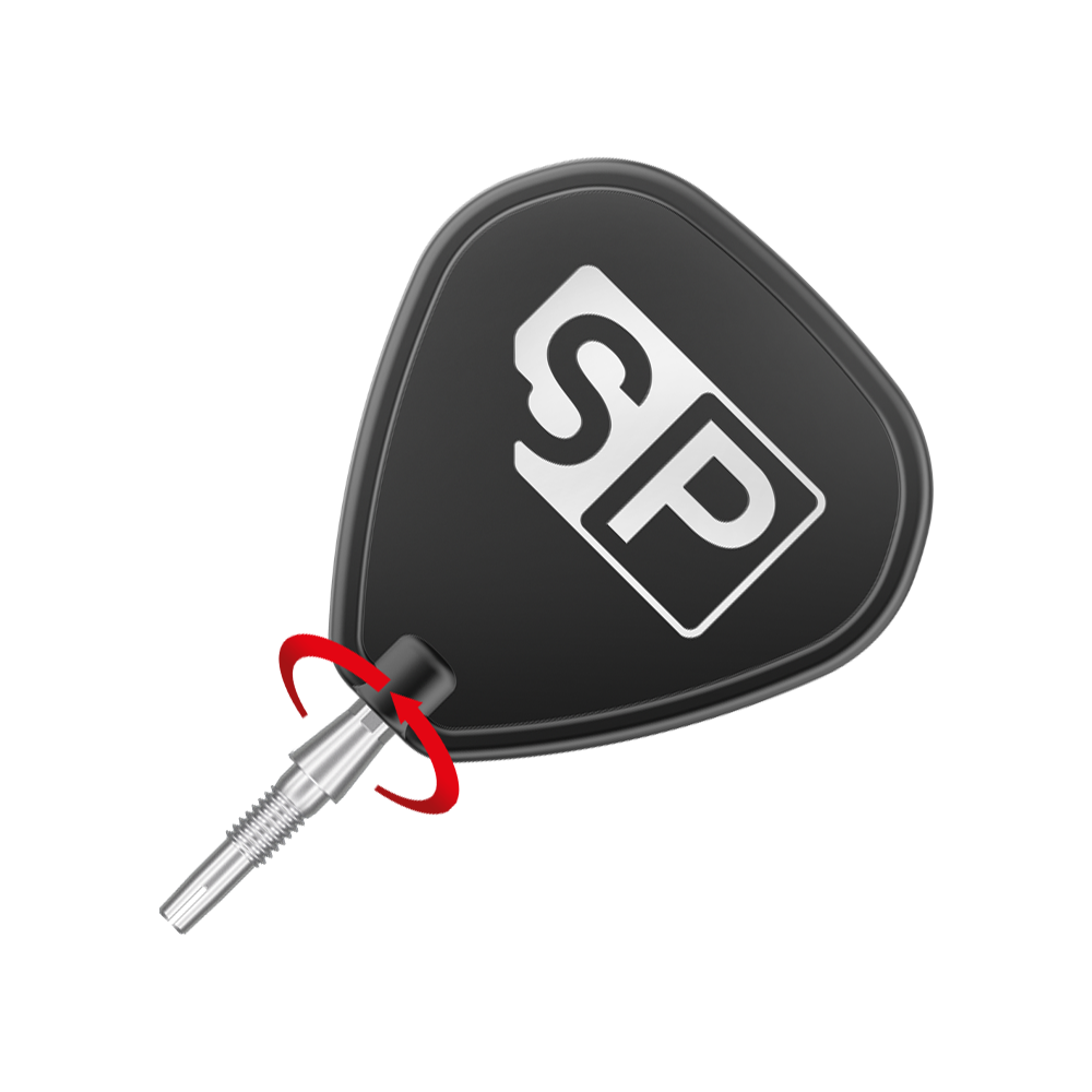 Target Swiss Storm Onyx Point Dartspitzen - Silber Das Bild zeigt eine silberne Dartspitze des Produkts "Target Swiss Storm Onyx Point". Die Dartspitze ist an einem schwarzen Dartflügel mit der Aufschrift "SP" befestigt.