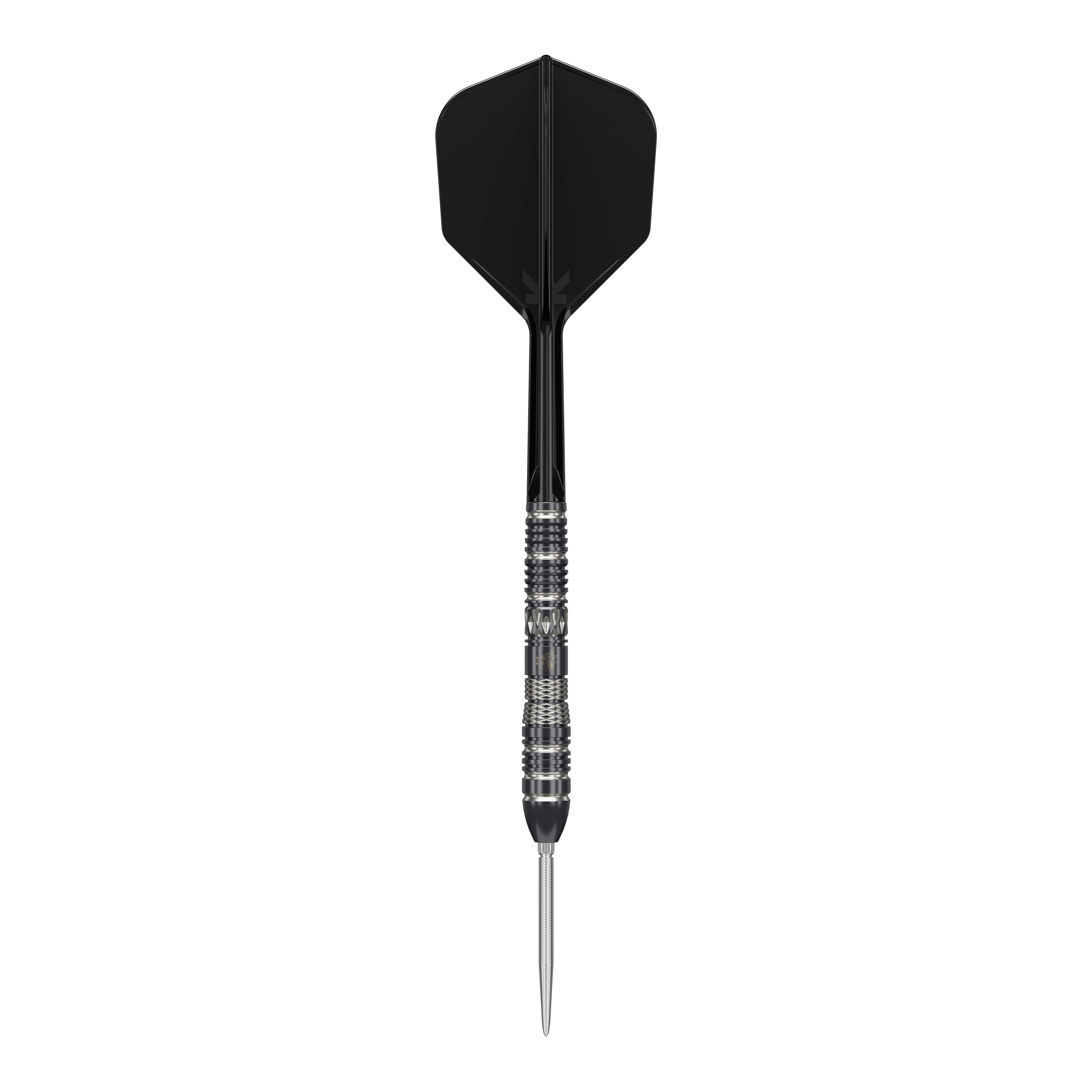 Das Bild zeigt einen Target Black Marque Dragon 3 Swiss Point Steeldart. Der Dartpfeil hat ein schwarzes Flight und einen silber-schwarzen, metallischen Griffbereich.