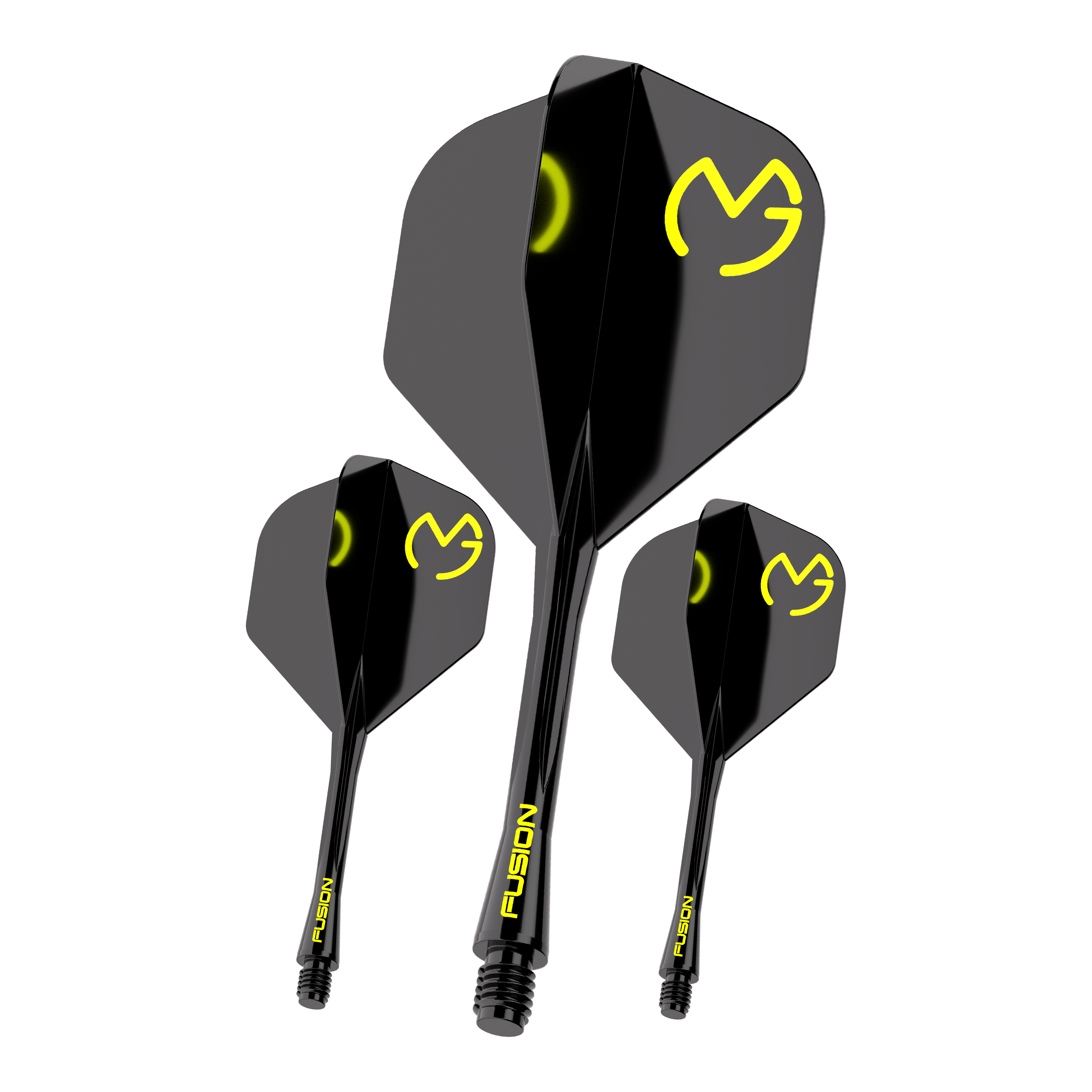 Das Bild zeigt drei schwarze Dartflights mit gelbem "MVG"-Logo und der Aufschrift "FUSION" auf den Schäften. Es handelt sich um das Produkt "Winmau Fusion Flight-Shaft-System Michael Van Gerwen Pacman No2 Standard".