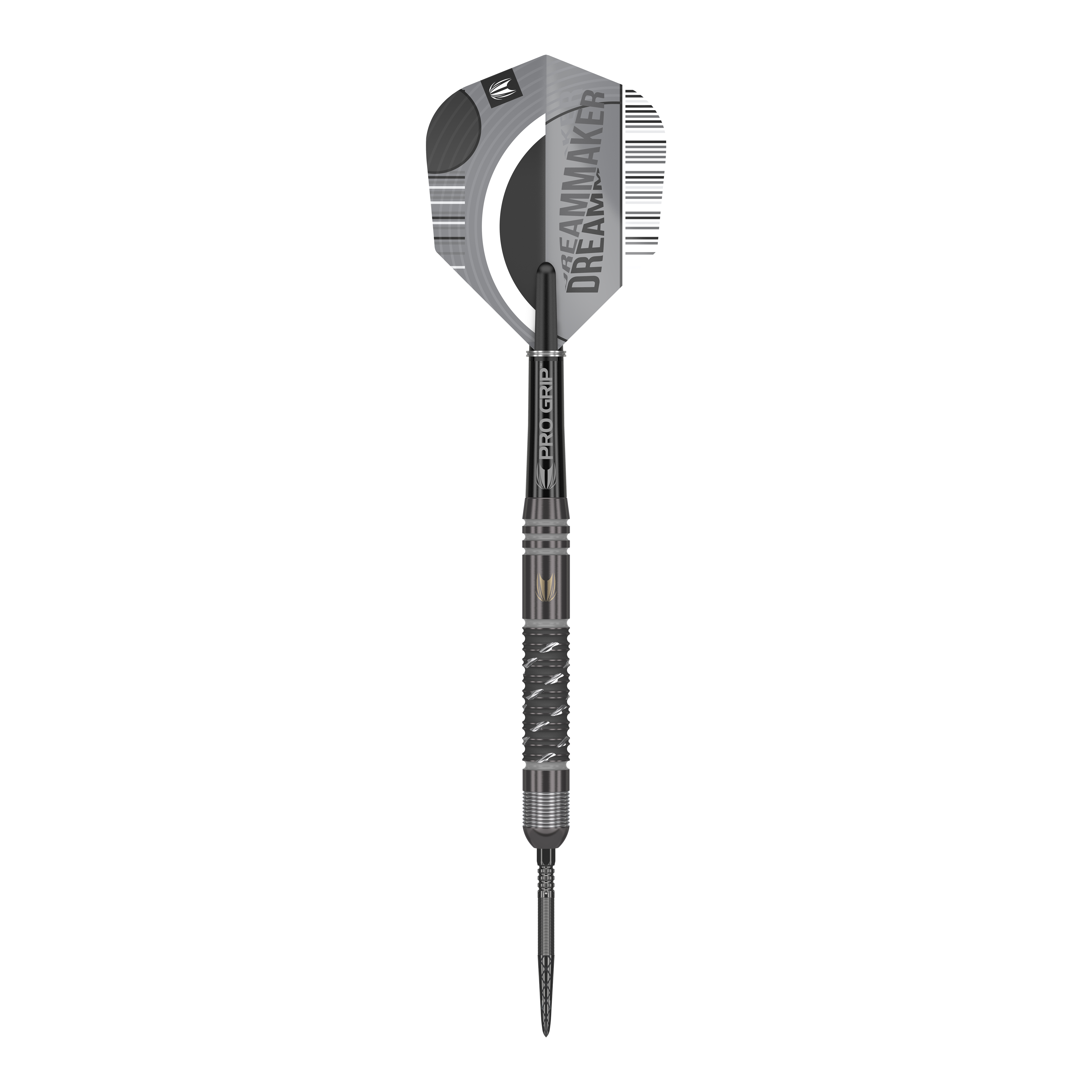 Das Bild zeigt den Target Dimitri Van Den Bergh X Echo Swiss Point Steeldart. Der Dartpfeil ist größtenteils schwarz und silber und hat die Aufschrift "DREAMMAKER" auf dem Flight.