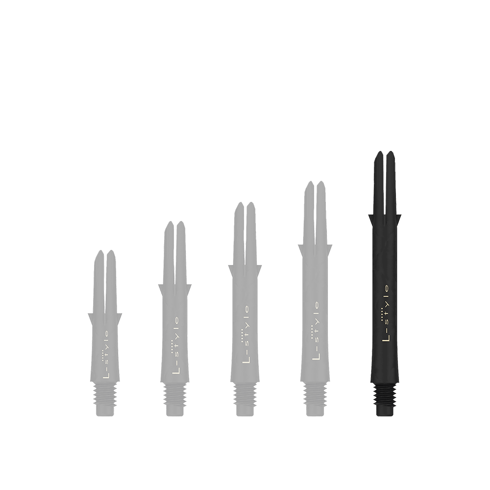L-Style Carbon Shafts 330 Auf dem Bild sind fünf schwarze Dartschäfte in unterschiedlichen Längen zu sehen. Sie sind senkrecht nebeneinander aufgereiht und tragen die Aufschrift "L-style".