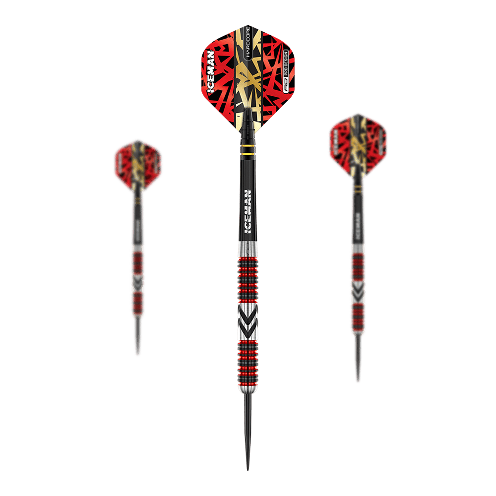 Das Bild zeigt drei Steeldarts mit auffälligen roten und schwarzen Flights. Die Schäfte sind silbern mit roten und schwarzen Rillen sowie der Aufschrift "ICEMAN".