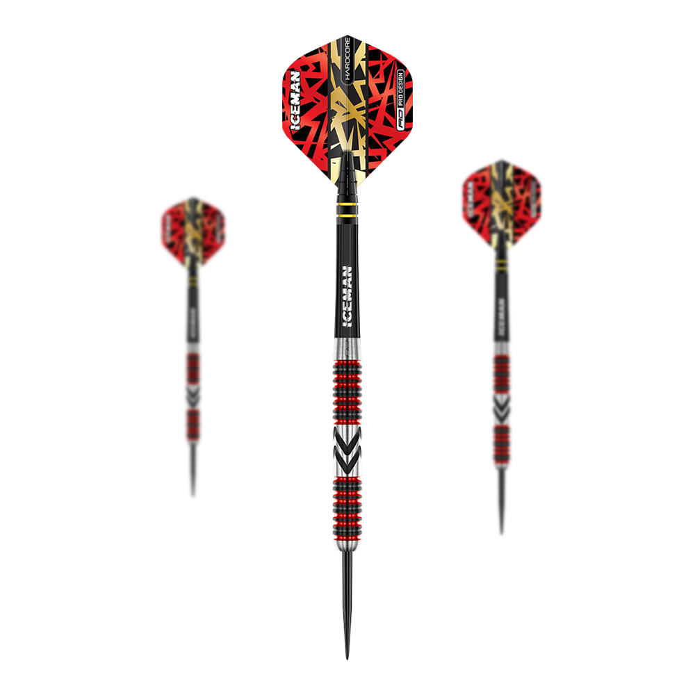 Red Dragon Gerwyn Price Firebird Steeldarts Das Bild zeigt drei Steeldarts mit auffälligen roten und schwarzen Flights. Die Schäfte sind silbern mit roten und schwarzen Rillen sowie der Aufschrift "ICEMAN".