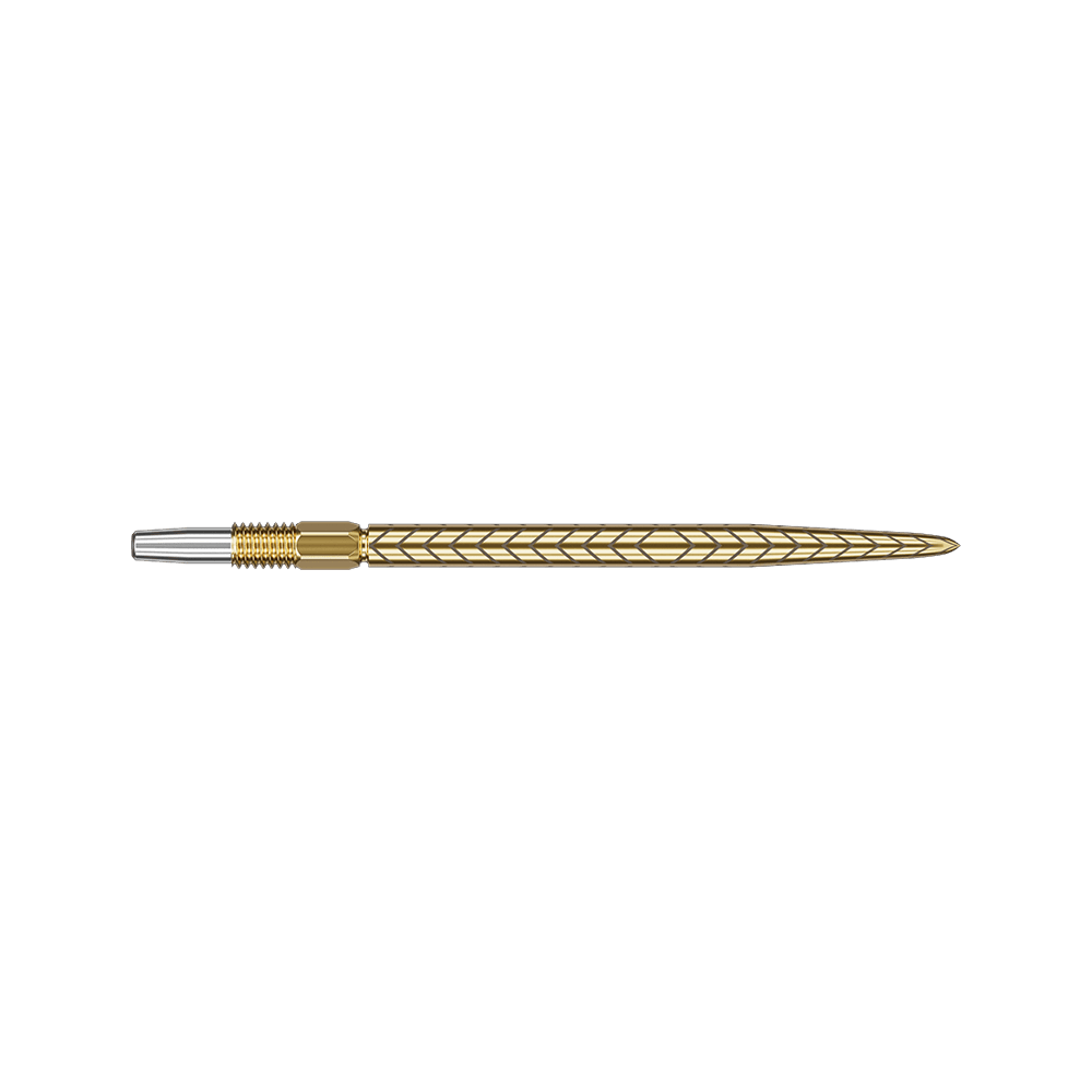 Das Bild zeigt eine goldfarbene Dartspitze mit einem feinen, eingravierten Muster. Die Spitze ist lang und hat ein elegantes, schlankes Design.