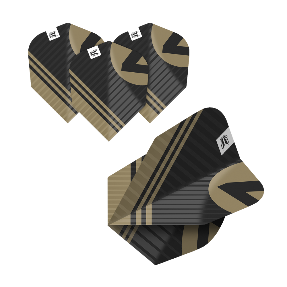 Das Bild zeigt fünf Sätze Target Pro Ultra Chicane No6 Flights. Die Flights sind schwarz und gold mit einem modernen, gestreiften Design.
