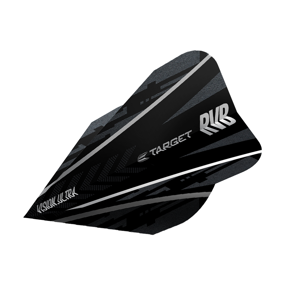 Das Bild zeigt ein Target Ultra Ghost RvB Vapor Flight für Darts. Das Flight ist schwarz mit silbernen und grauen Akzenten sowie dem Target- und RvB-Logo.