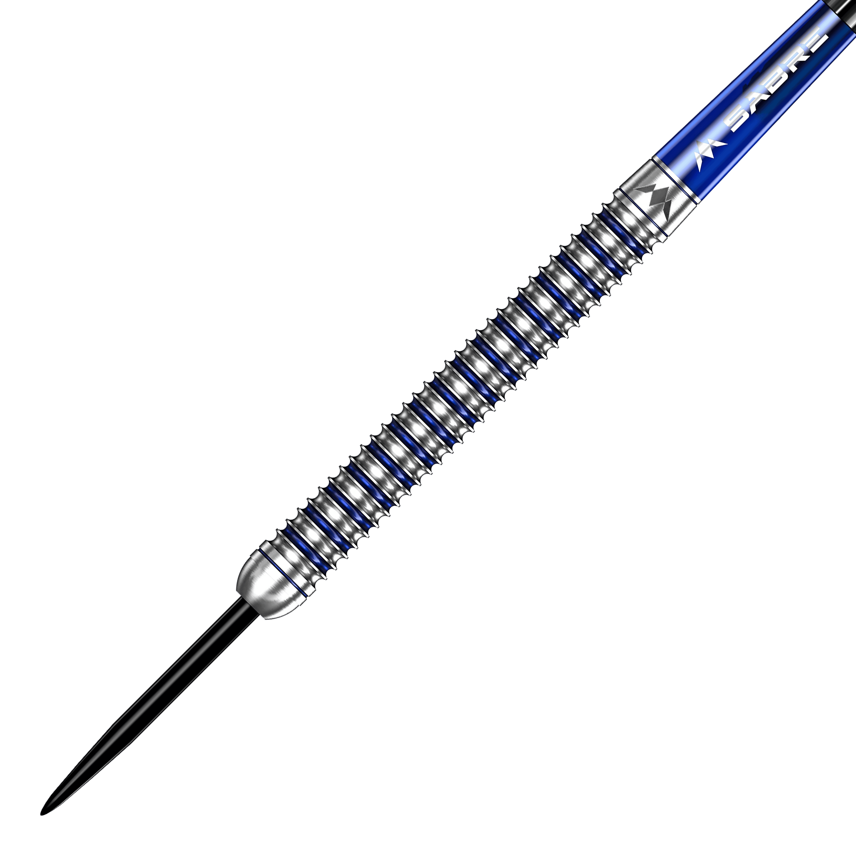 Das Bild zeigt den Mission Josh Rock V2 Silver Blue PVD Steeldart mit einem Gewicht von 24g. Der Dart hat ein silber-blaues Design mit markanten Ringen am Griff.