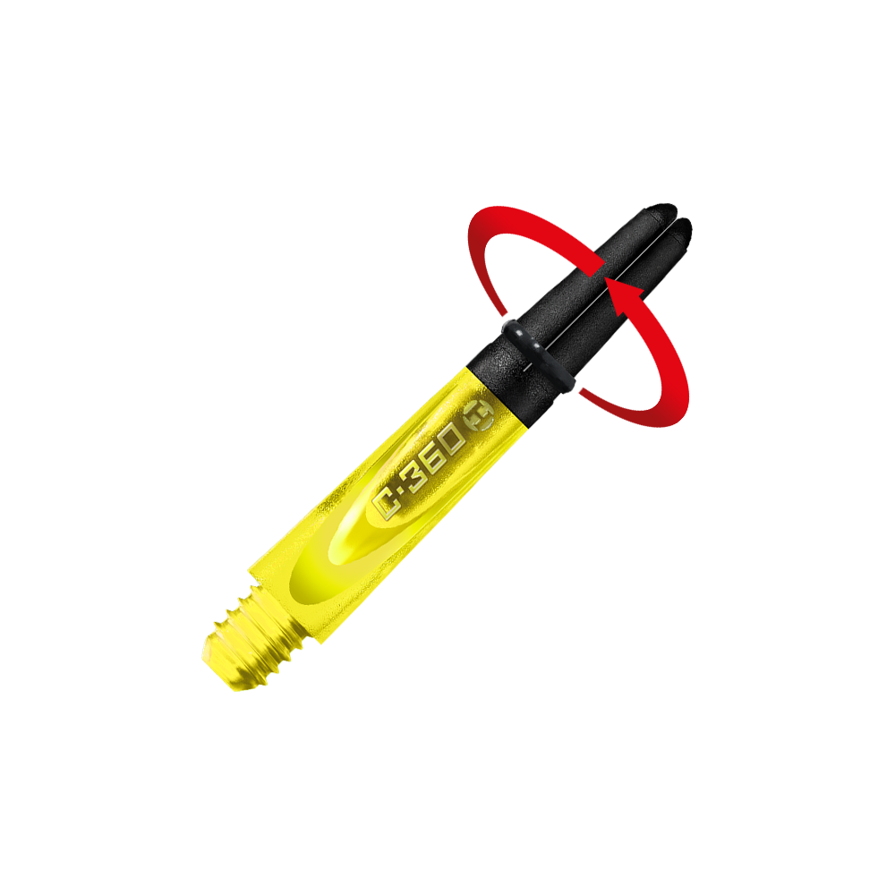 HR449_Harrows_Carbon_360_Shafts_Gelb_35mm_2_Symbol Das Bild zeigt einen gelben Harrows Carbon 360 Shafts. Der Schaft hat schwarze Akzente und besteht aus robustem Material.