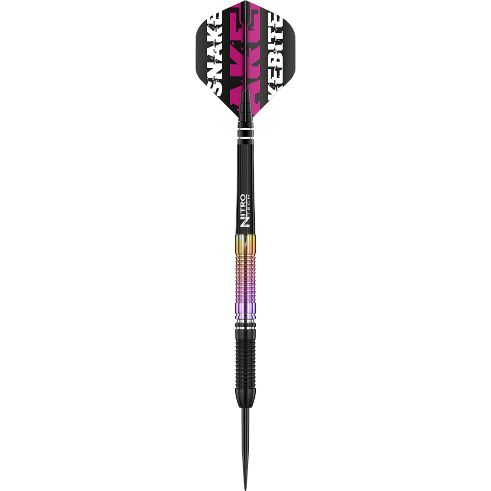 Auf dem Bild ist ein Steeldart der Marke Red Dragon zu sehen, Modell "Peter Wright Snakebite World Champion 2020 Edition". Der Dart hat ein farbiges Griffstück und einen Flight mit der Aufschrift "Snakebite".