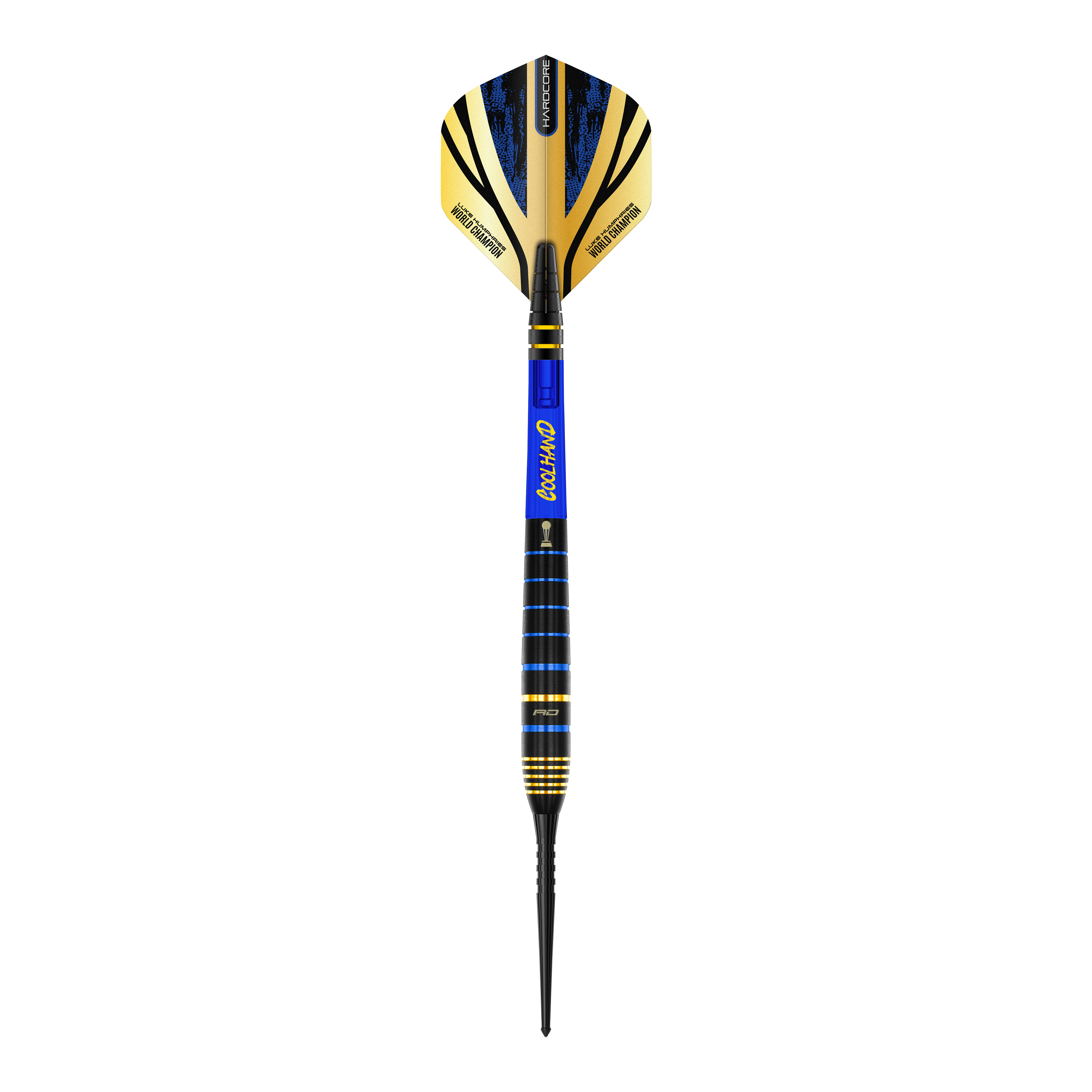 Das Bild zeigt einen Red Dragon Luke Humphries TX4 Avenger Steeldart. Der Dart hat schwarze, blaue und goldene Farbakzente sowie einen auffälligen Flight.