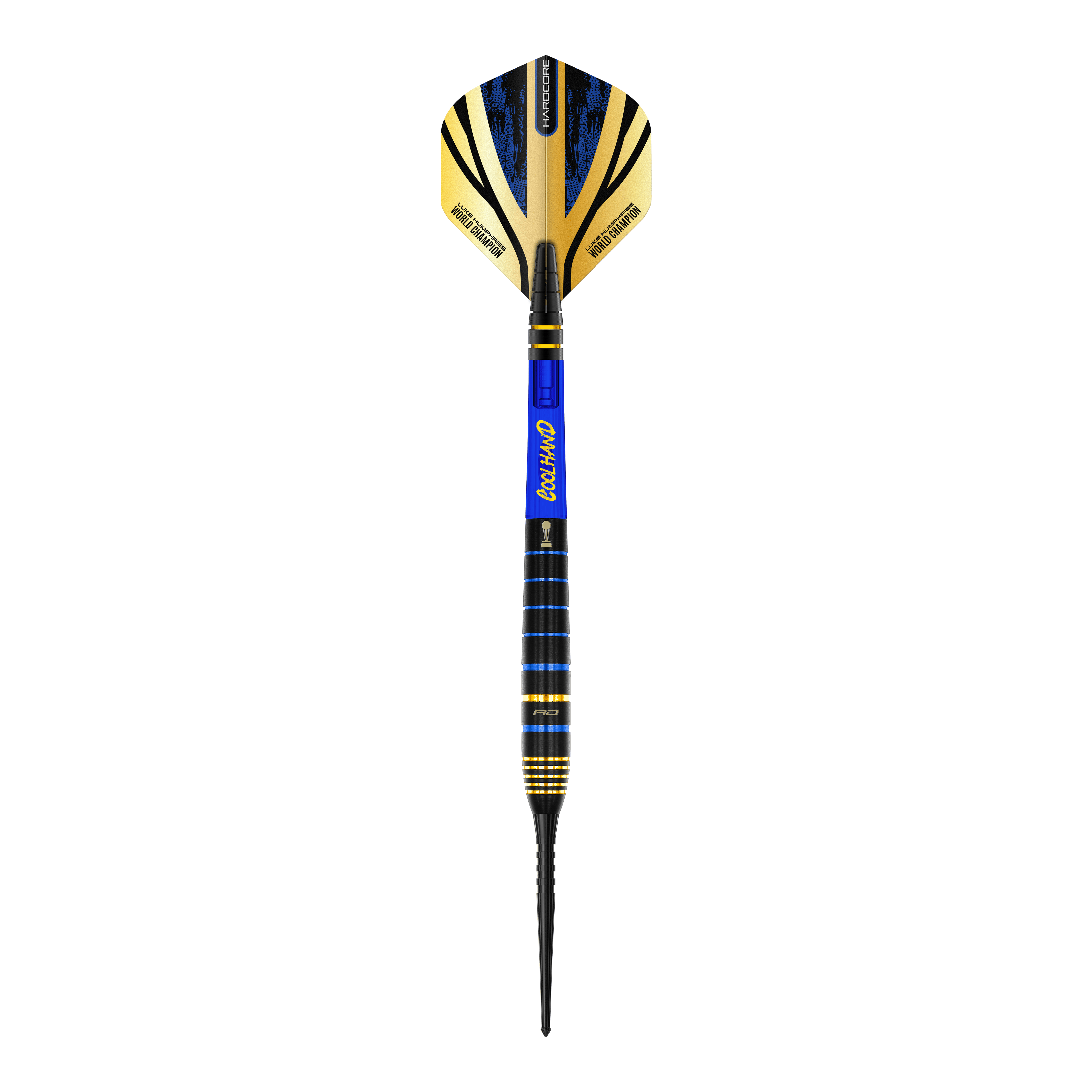 Red Dragon Luke Humphries TX4 Avenger Steeldarts Das Bild zeigt einen Red Dragon Luke Humphries TX4 Avenger Steeldart. Der Dart hat schwarze, blaue und goldene Farbakzente sowie einen auffälligen Flight.