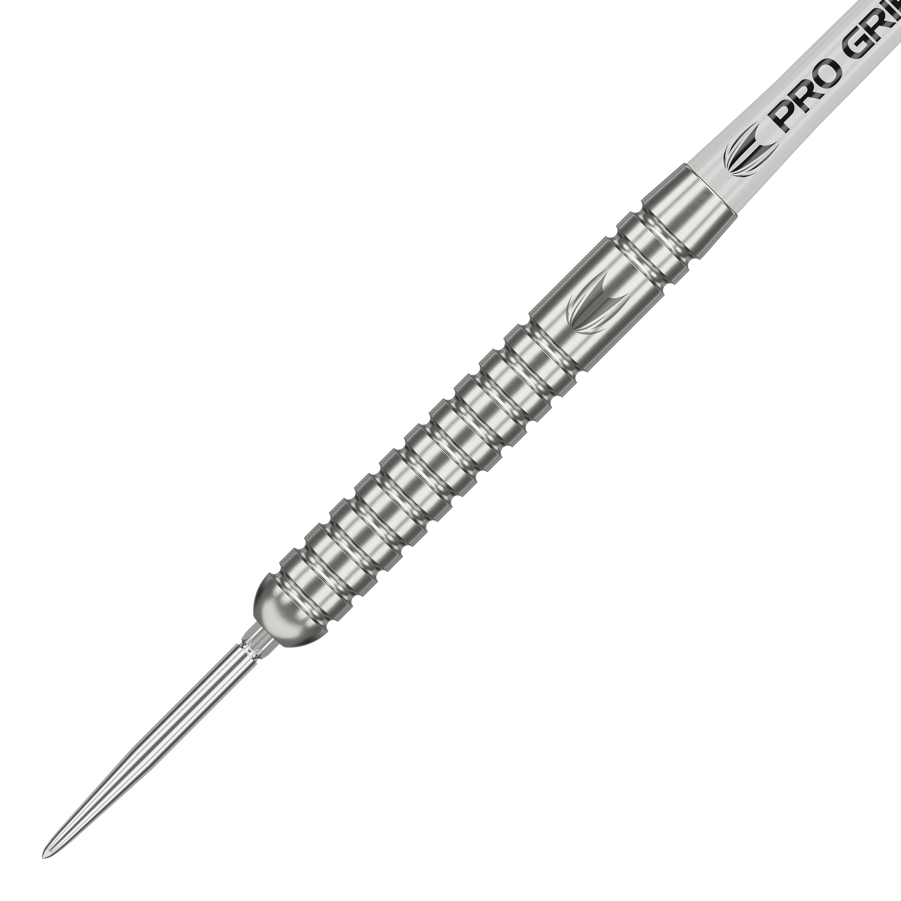 Das Bild zeigt einen silbernen Steeldart mit gerilltem Griff und spitzer Metallspitze. Auf dem Schaft steht "PRO GRIP" geschrieben.