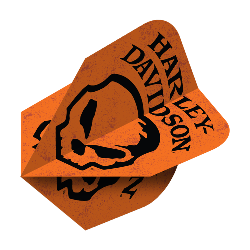 Das Bild zeigt einen orangefarbenen Dartflight mit einem schwarzen Totenkopf-Design. Auf dem Flight steht "Harley-Davidson" in schwarzen Buchstaben.