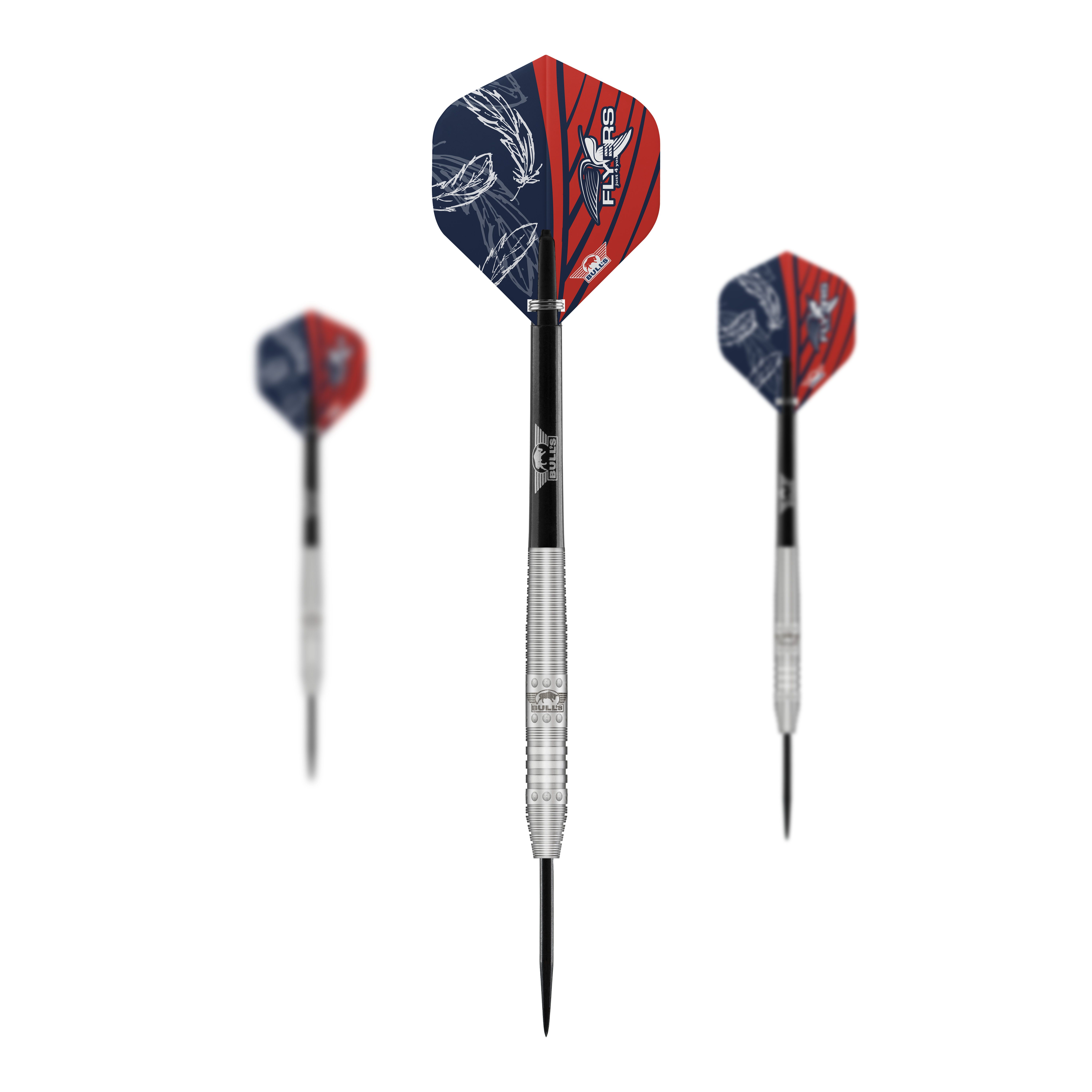 Das Bild zeigt drei Steeldarts des Modells "Bulls NL Richard Veenstra 80" mit 23g Gewicht. Die Flights sind rot-blau gestaltet und auf dem mittleren Dart ist das Logo gut zu erkennen.