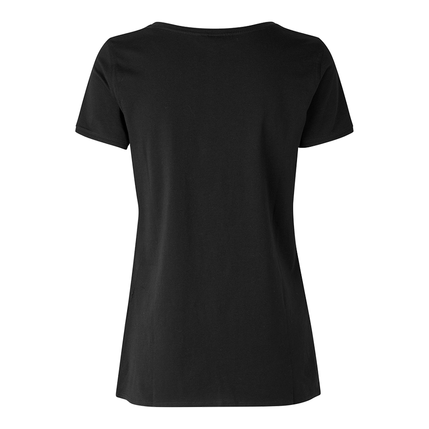 Barrels and Shafts Damen T-Shirt - Schwarz Das Bild zeigt ein schwarzes Damen-T-Shirt von hinten. Das T-Shirt hat einen einfachen, klassischen Schnitt ohne sichtbare Aufdrucke oder Muster.