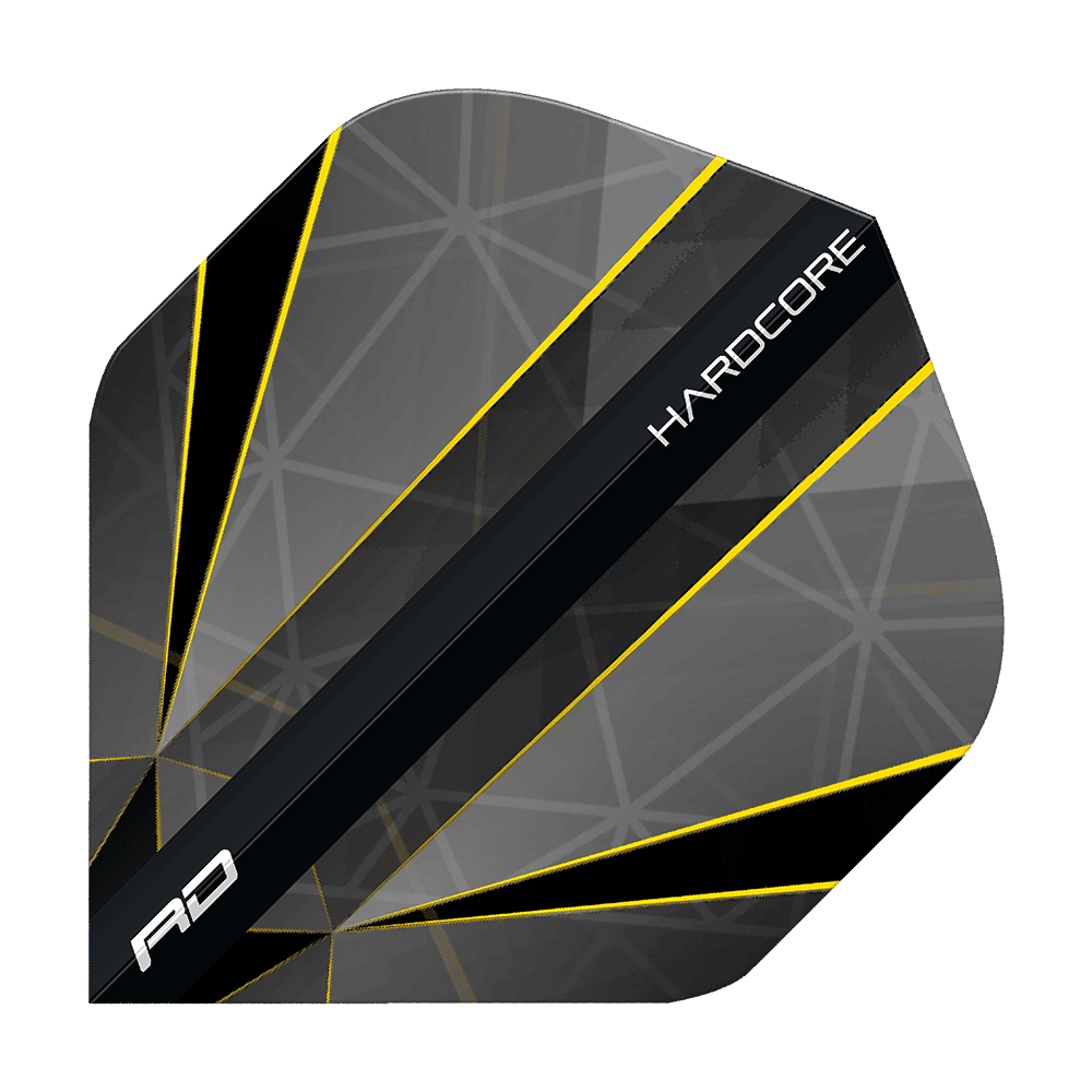Das Bild zeigt das Produkt "Red Dragon Hardcore Seren Onyx No2 Standard Flights". Das Dart-Flight hat ein modernes Design in Schwarz und Grau mit gelben Linien und der Aufschrift "HARDCORE".